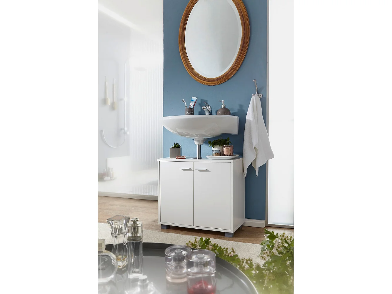 Mobile Base Lavabo 60 x 55 x 30 cm Legno Bianco con 2 Ante da Bagno