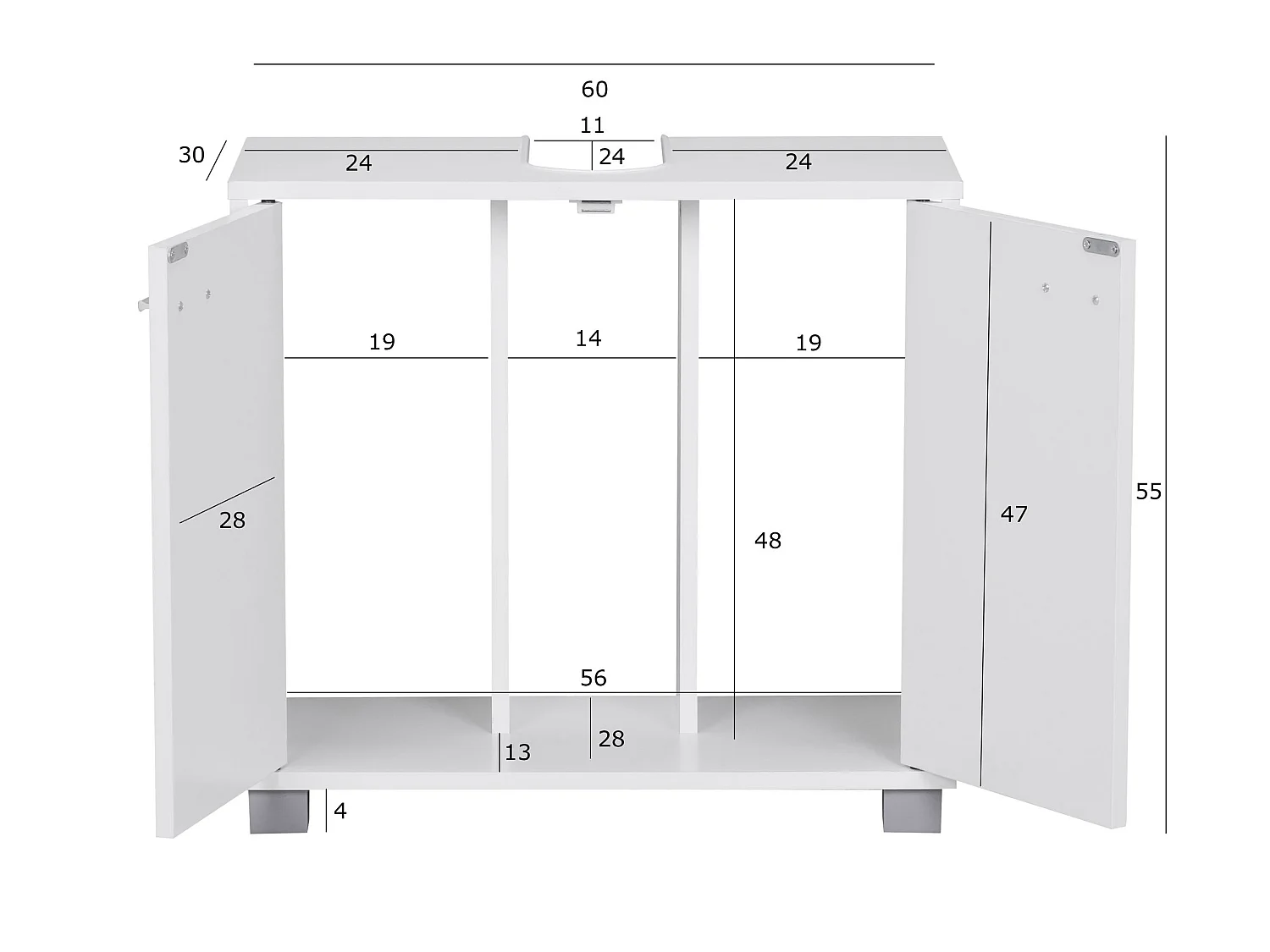 Mobile Base Lavabo 60 x 55 x 30 cm Legno Bianco con 2 Ante da Bagno