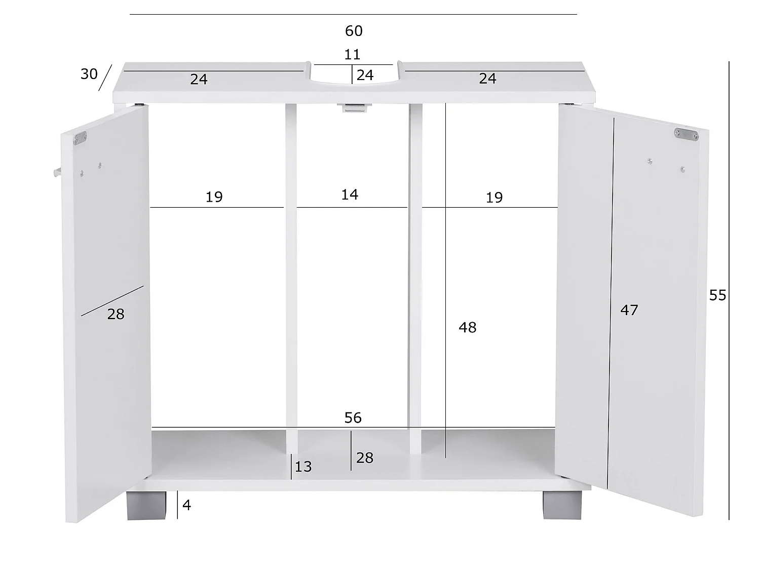 Mobile Base Lavabo 60 x 55 x 30 cm Legno Bianco con 2 Ante da Bagno