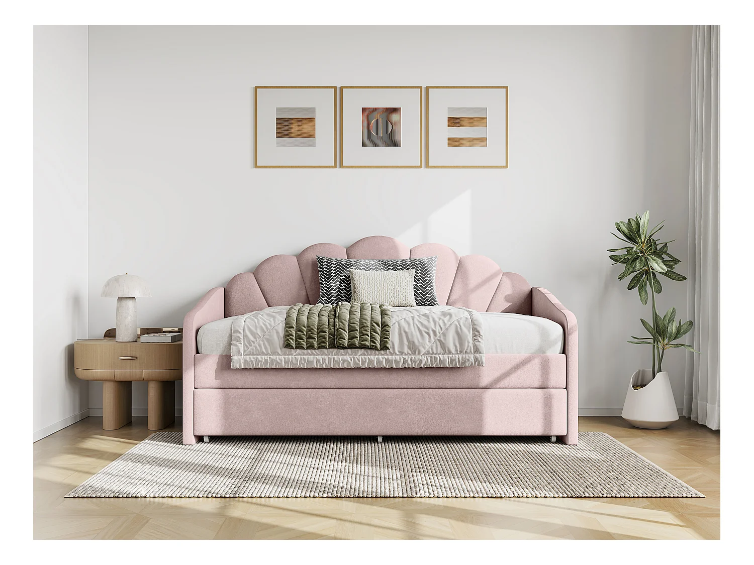 Uitschuifbaar schelpvormig bed 2 x 90 x 190 cm - Velours - Roze + matras - ELUSIA