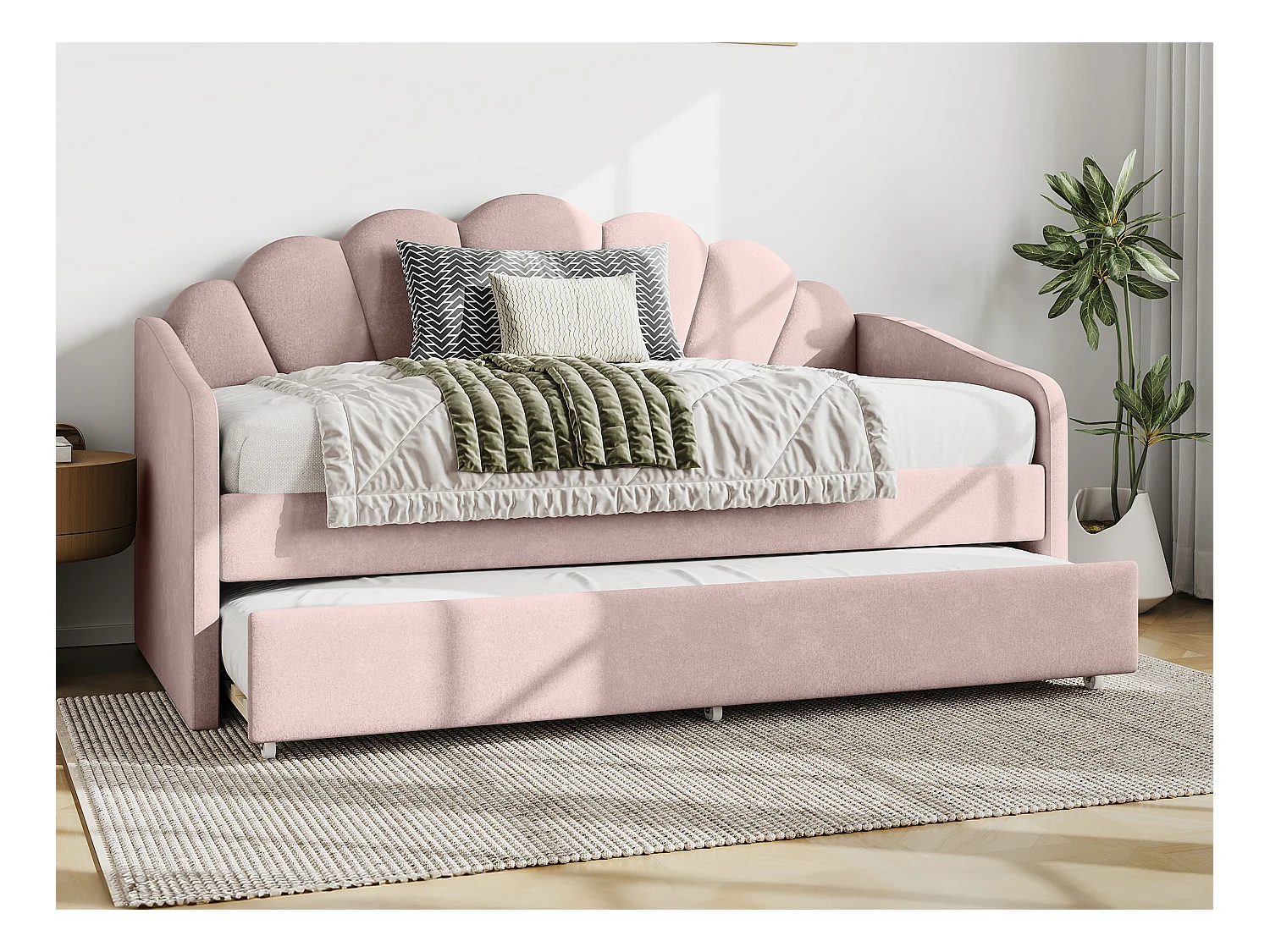 Lit gigogne coquillage 2 x 90 x 190 cm - Velours - Rose + Matelas - ELUSIA