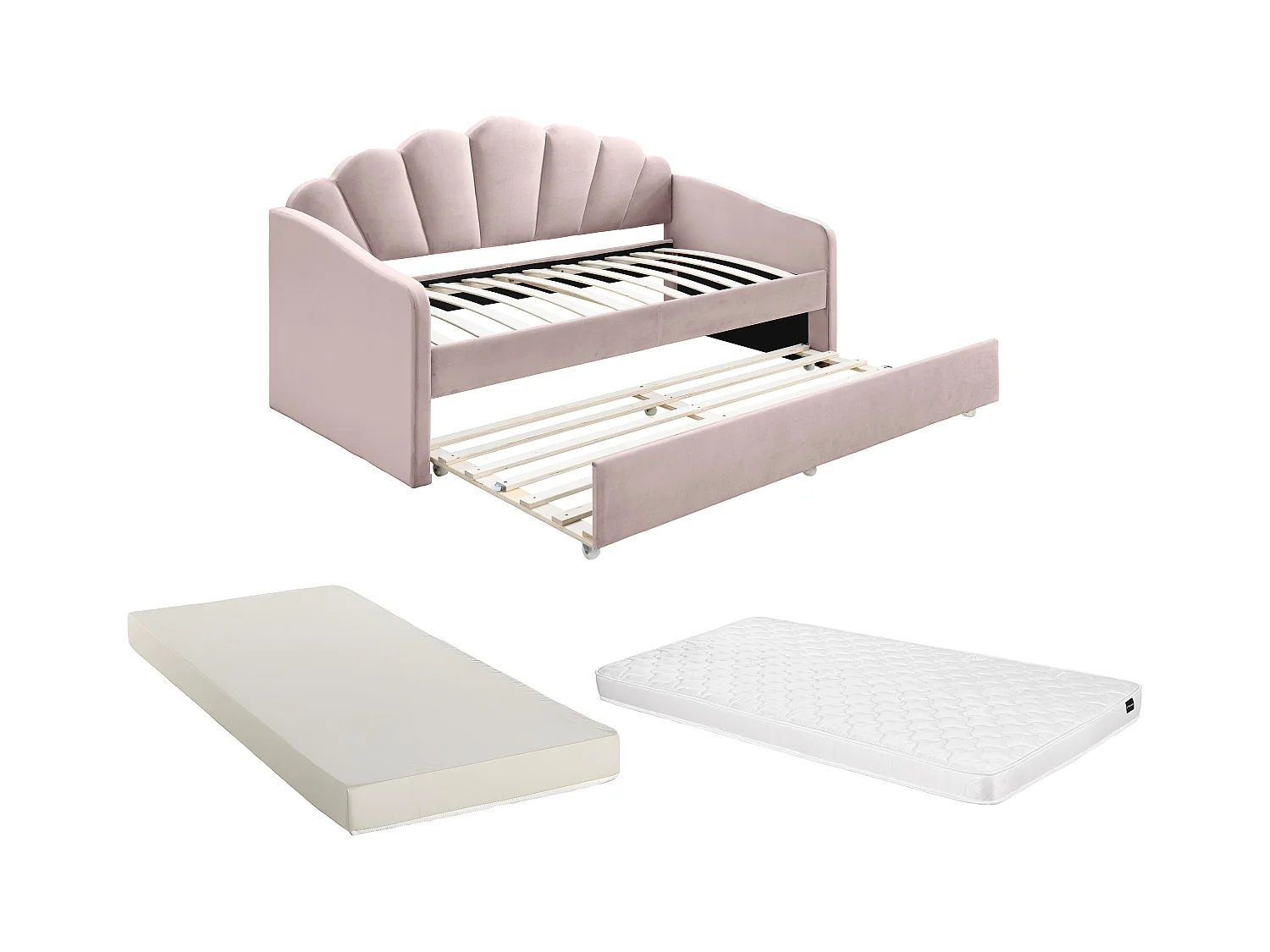 Uitschuifbaar schelpvormig bed 2 x 90 x 190 cm - Velours - Roze + matras - ELUSIA