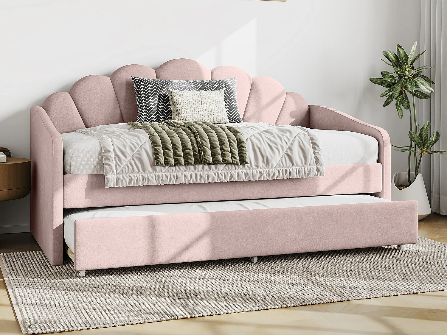 Letto a scomparsa conchiglie 2 x 90 x 190 cm Velluto Rosa + Materasso - ELUSIA