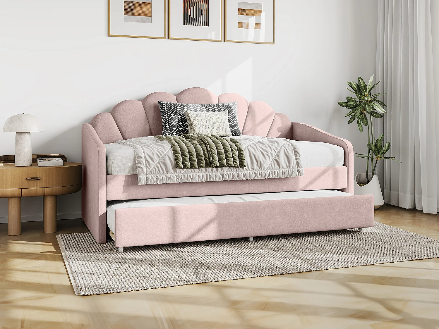 Letto a scomparsa conchiglie 2 x 90 x 190 cm Velluto Rosa + Materasso - ELUSIA
