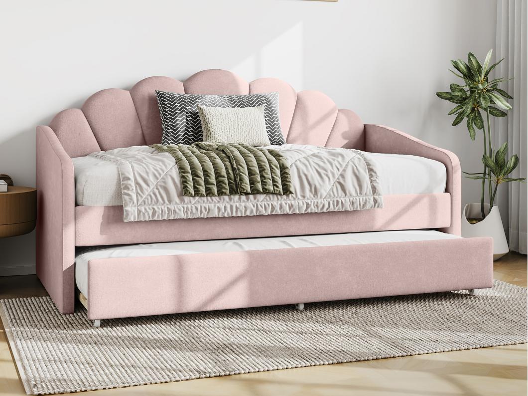 Uitschuifbaar schelpvormig bed 2 x 90 x 190 cm - Velours - Roze + matras - ELUSIA