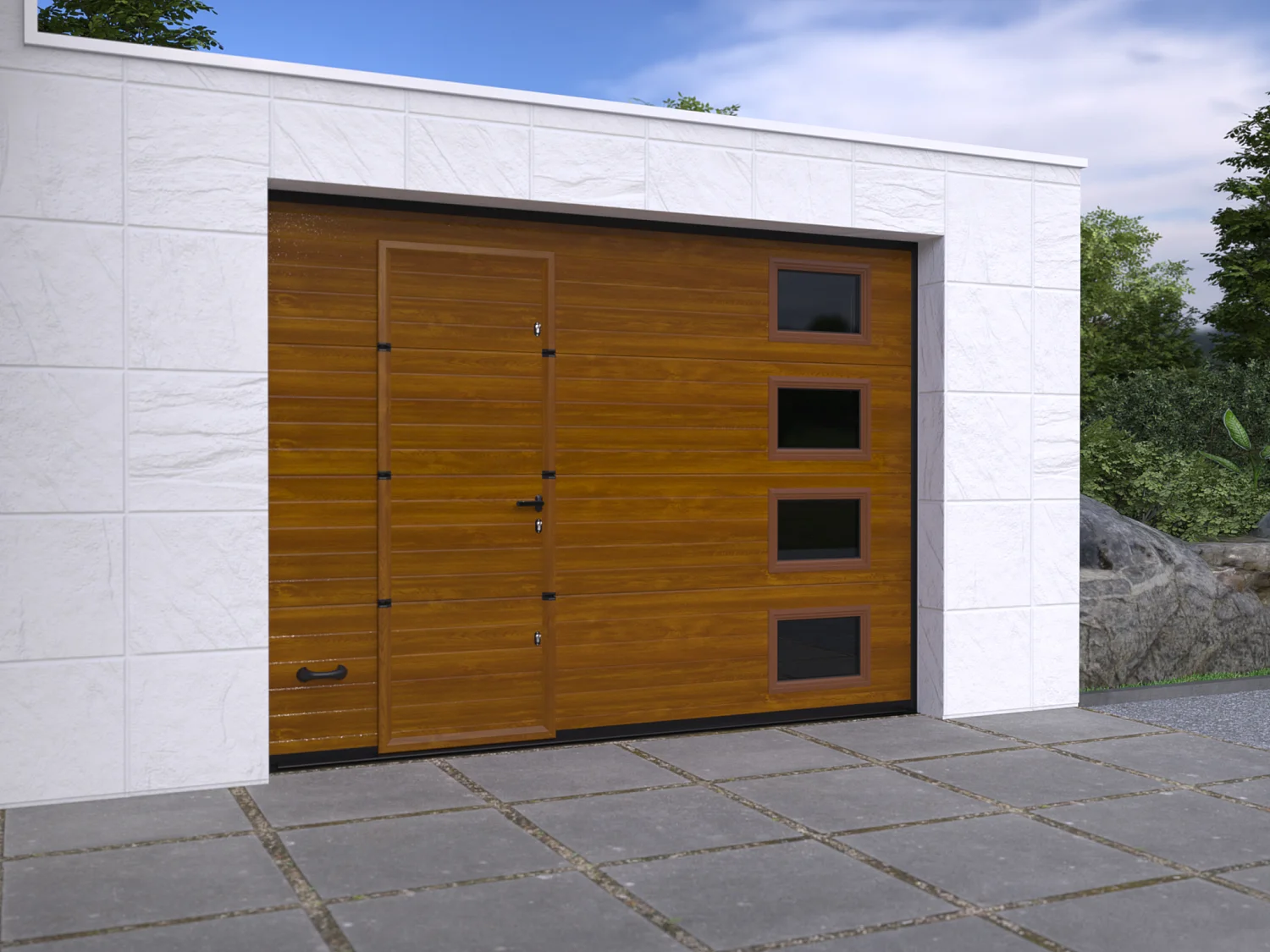 Porte de garage sectionnelle sur mesure rainurée naturelle foncée - METRONIA