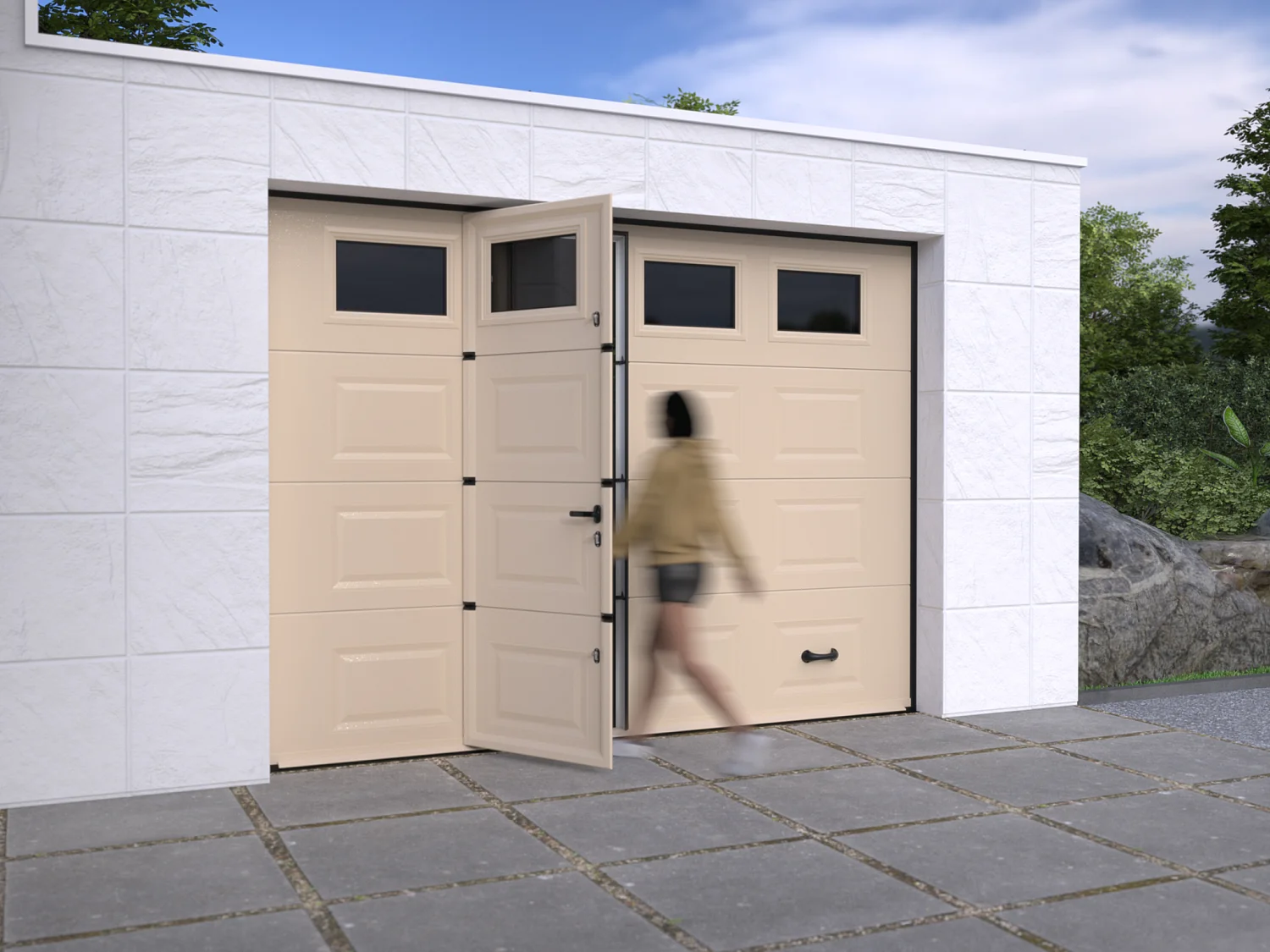Ivoorwitte sectionale garagepoort op maat met vakken - MUGONIA