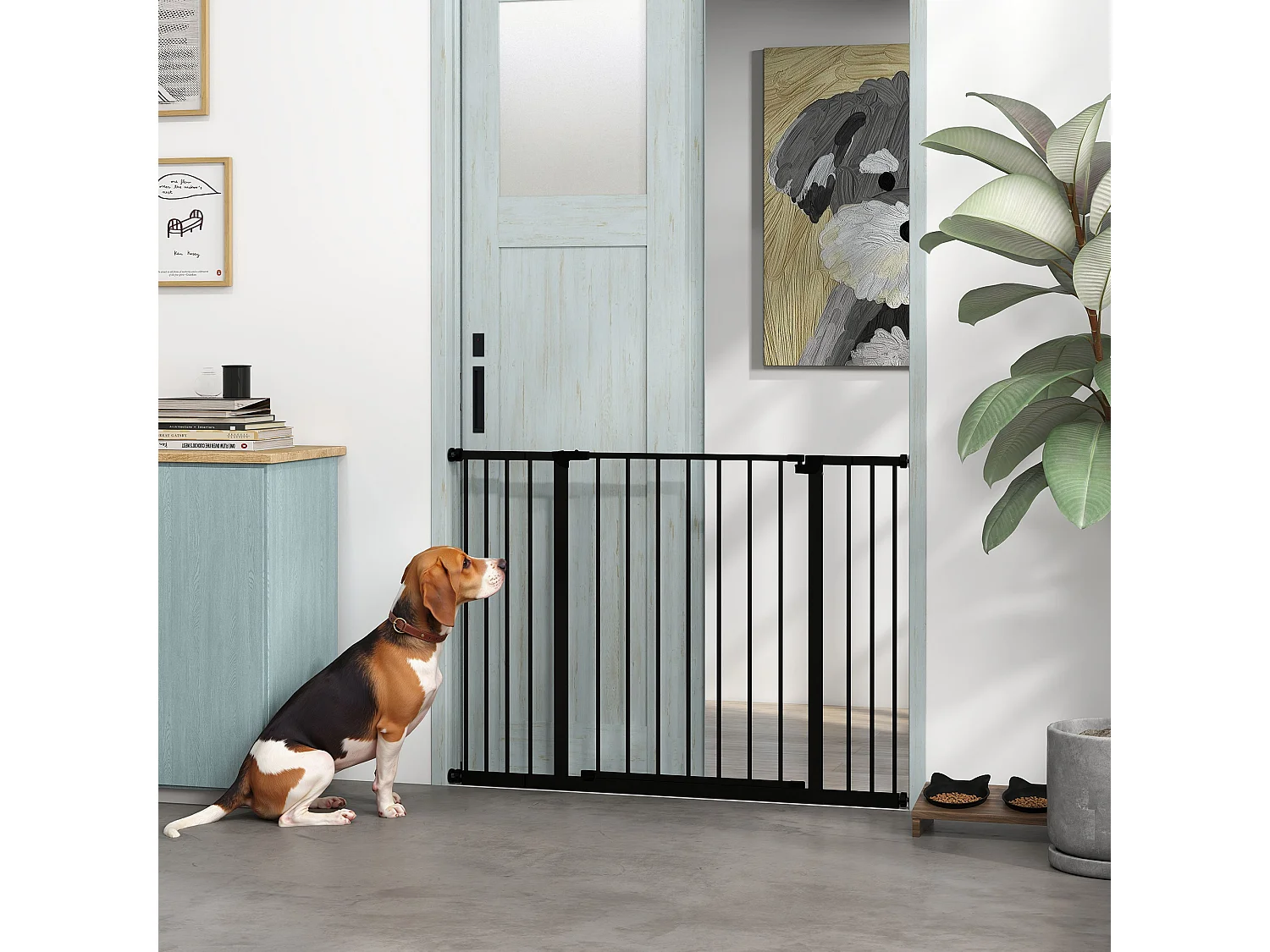 Barrière de sécurité longueur réglable dim. 76-107l x 76H cm sans perçage métal plastique noir