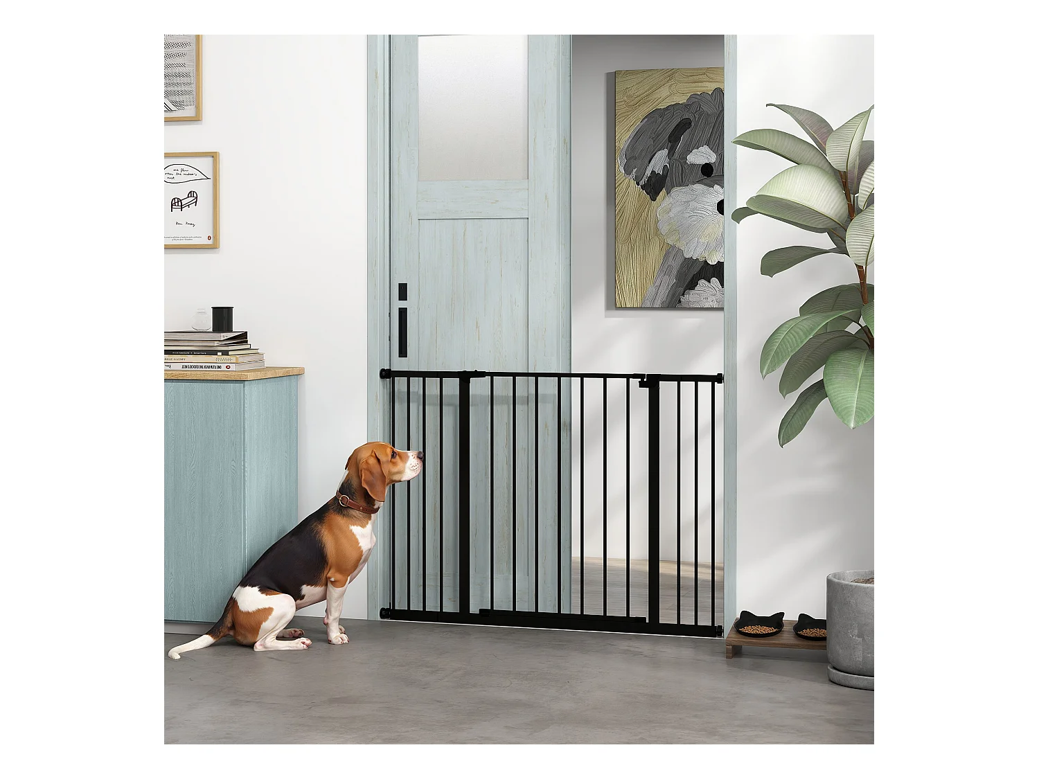Barrière de sécurité longueur réglable dim. 76-107l x 76H cm sans perçage métal plastique noir