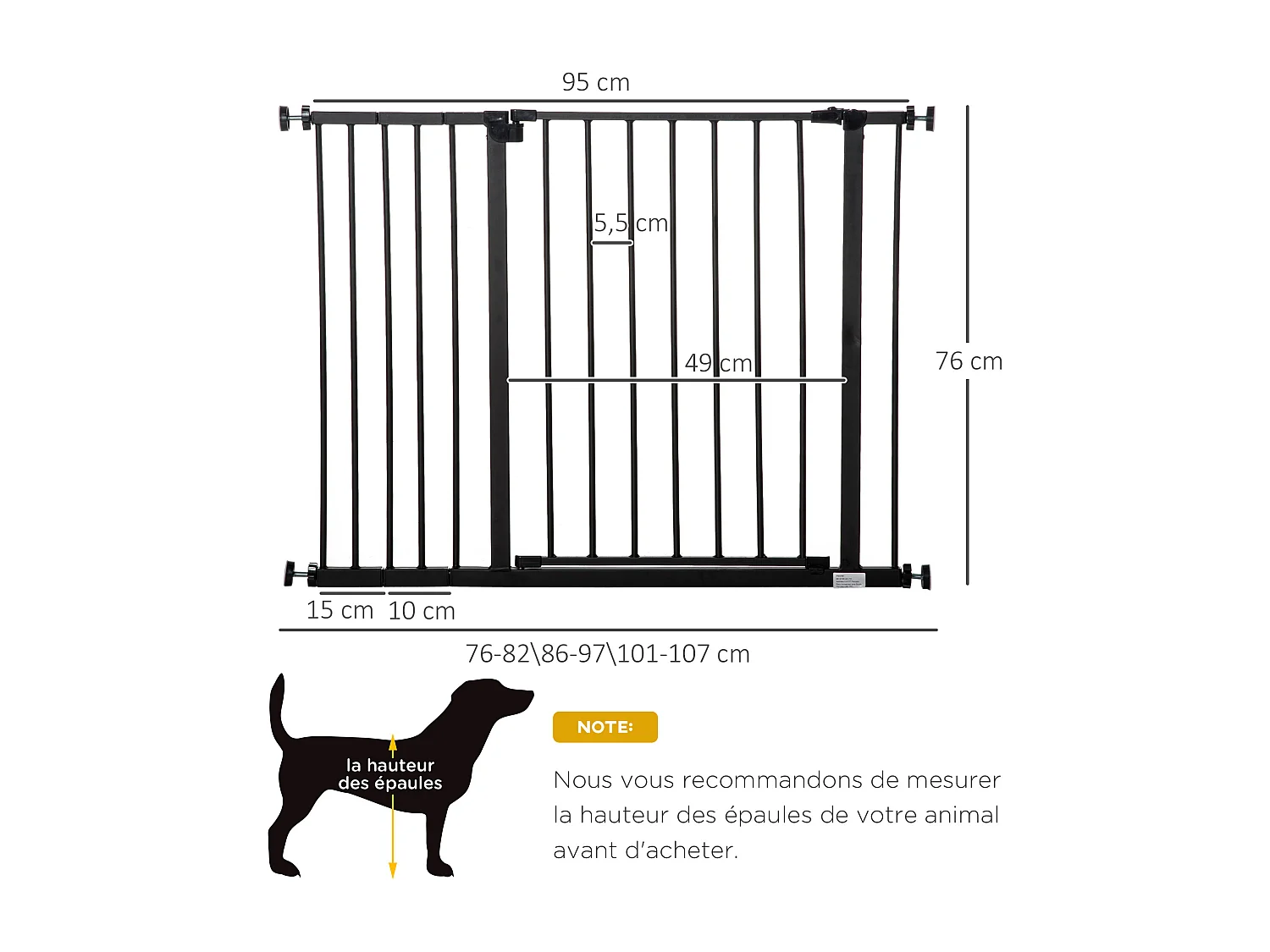Barrière de sécurité longueur réglable dim. 76-107l x 76H cm sans perçage métal plastique noir
