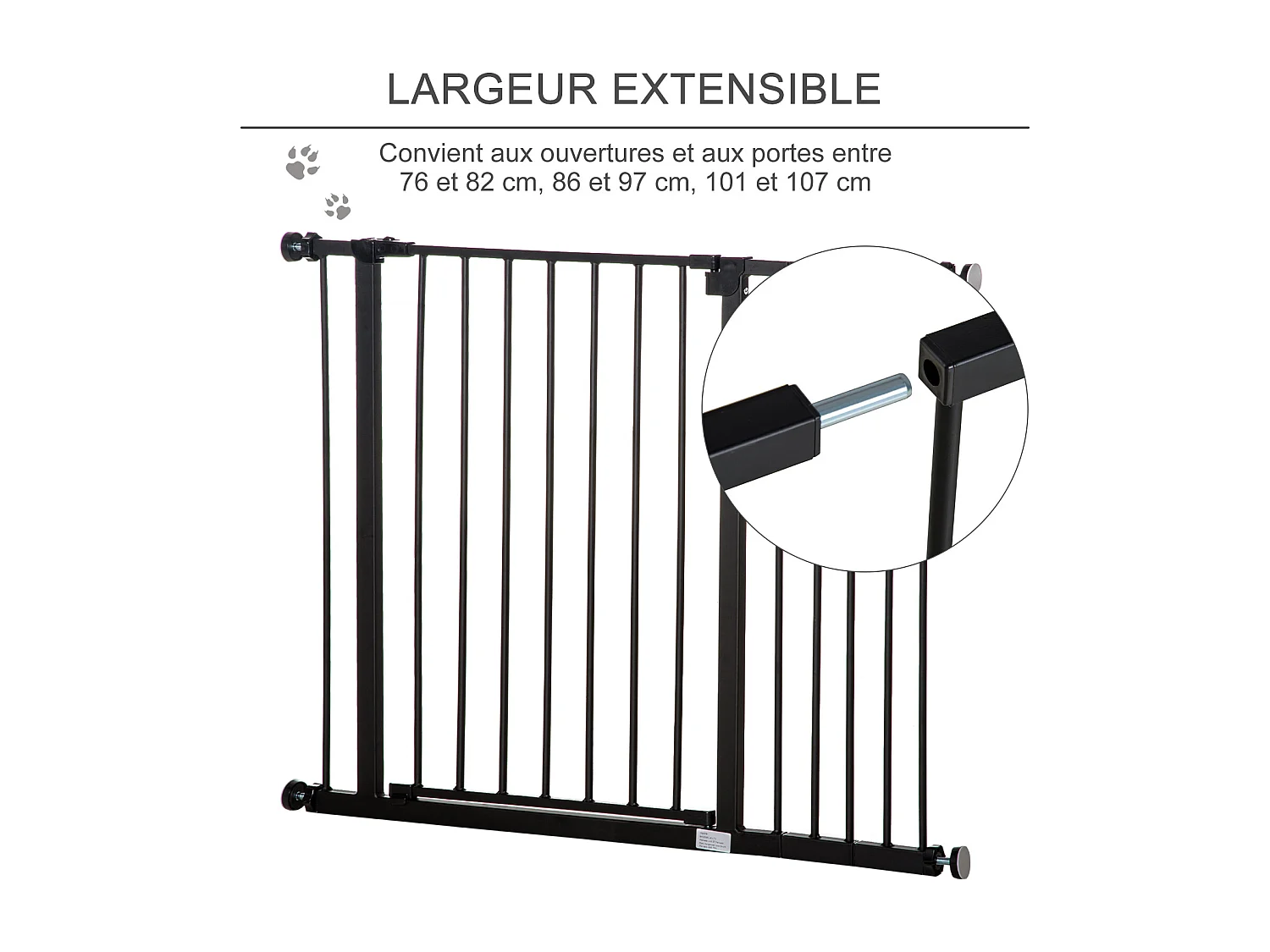 Barrière de sécurité longueur réglable dim. 76-107l x 76H cm sans perçage métal plastique noir