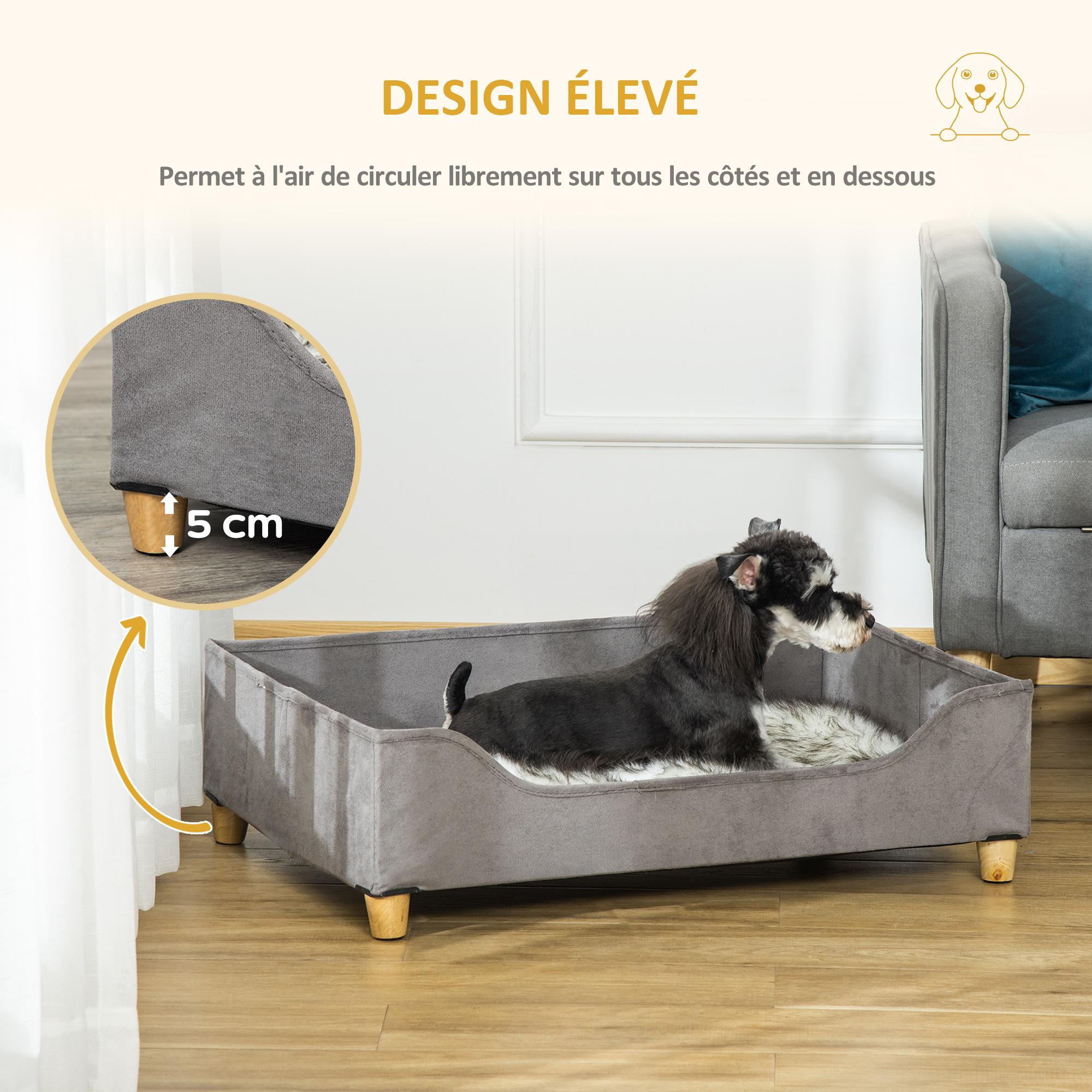 Canapé lit panier pour chien moderne avec coussin doux et lavable, pieds en  bois - gris