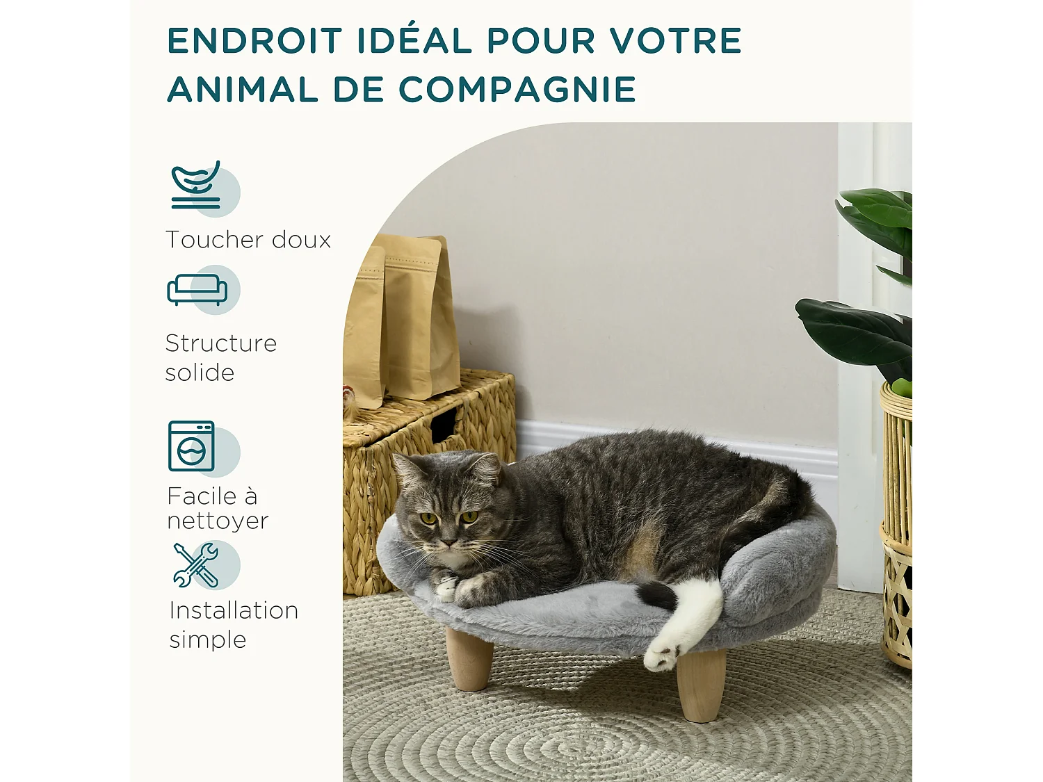 Canapé panier chien ou chat design scandinave housse amovible pieds en bois peluche douce gris