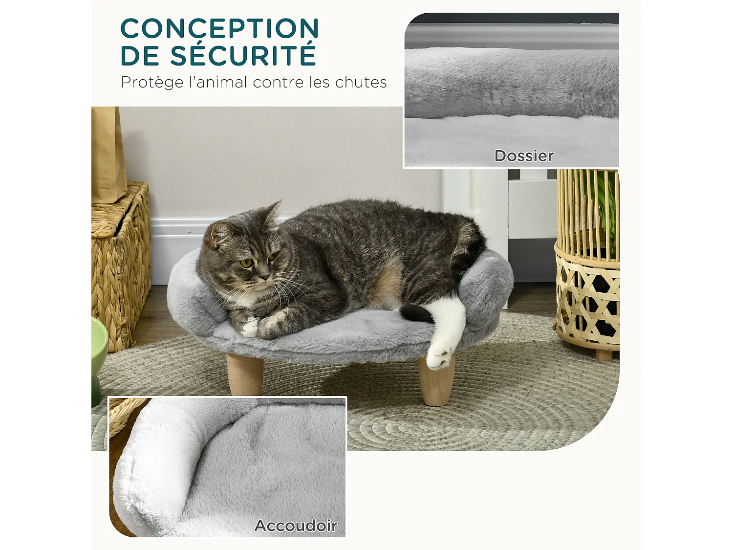 Canapé panier chien ou chat design scandinave housse amovible pieds en bois peluche douce gris