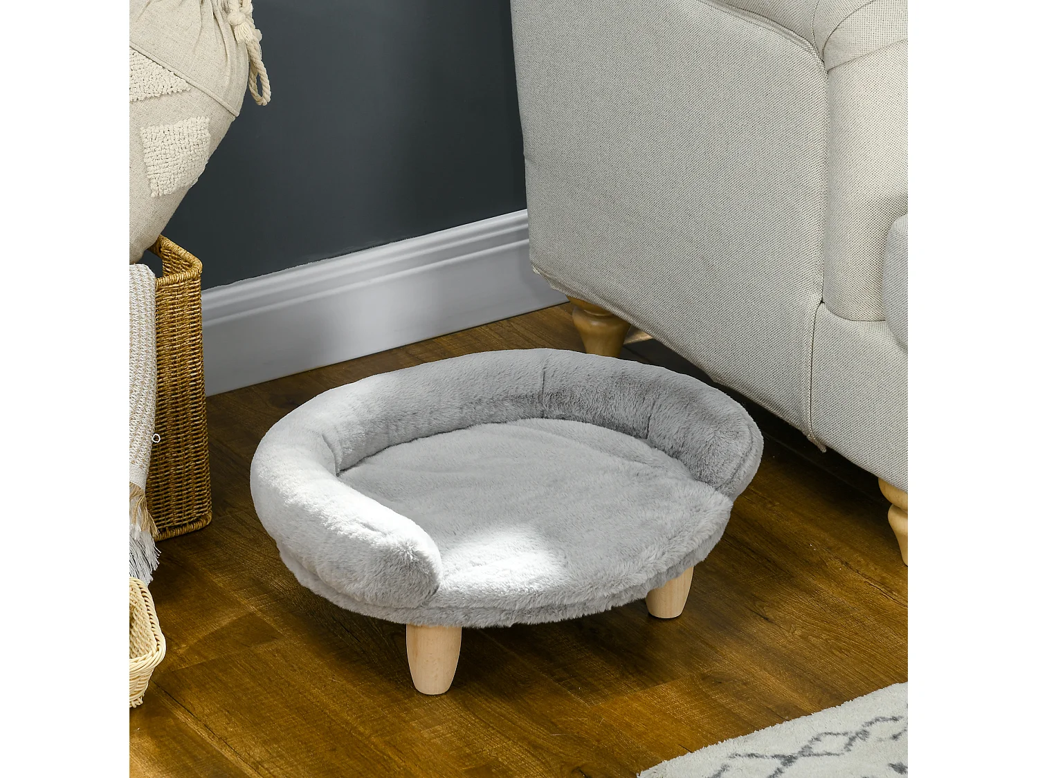 Canapé panier chien ou chat design scandinave housse amovible pieds en bois peluche douce gris