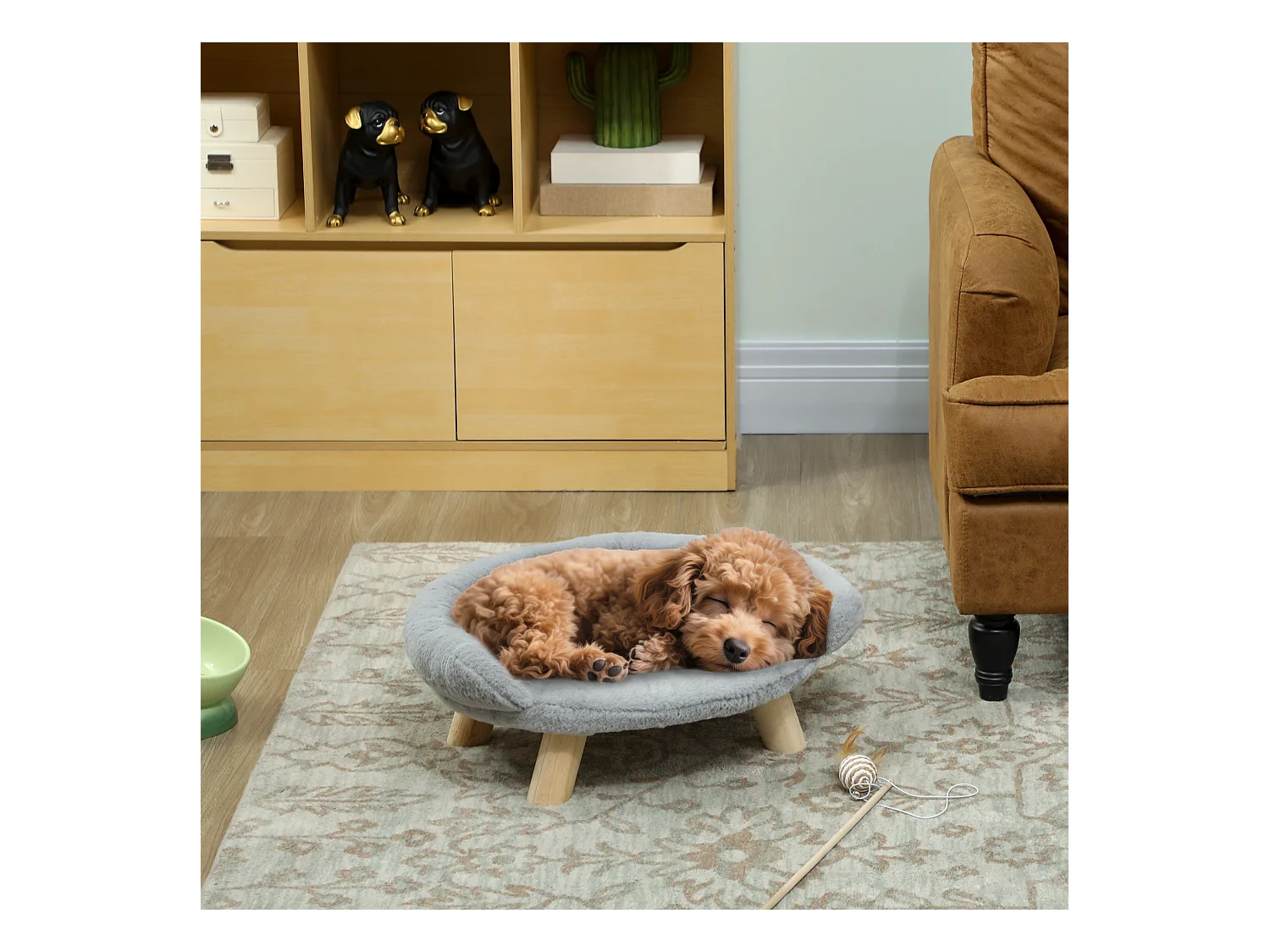 Canapé panier chien ou chat design scandinave housse amovible pieds en bois peluche douce gris