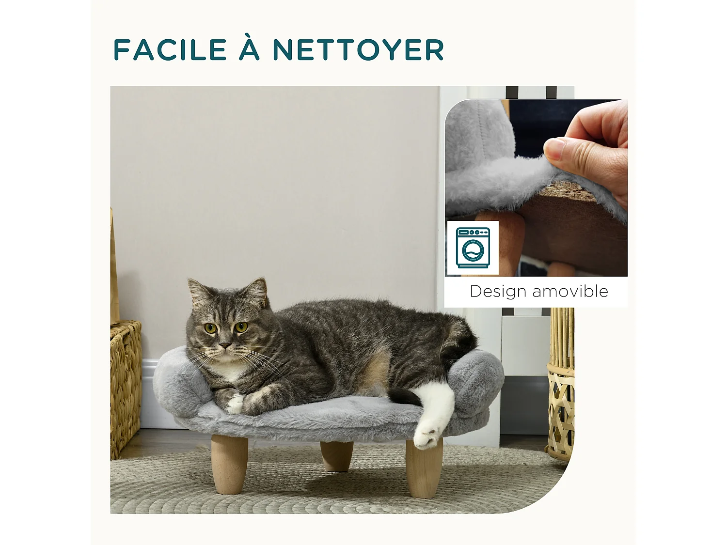 Canapé panier chien ou chat design scandinave housse amovible pieds en bois peluche douce gris