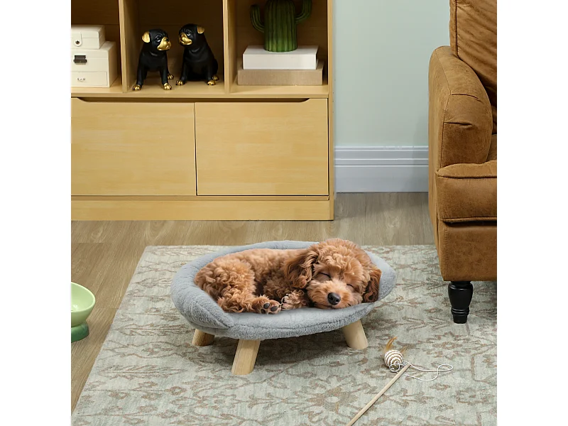 Canapé panier chien ou chat design scandinave housse amovible pieds en bois peluche douce gris