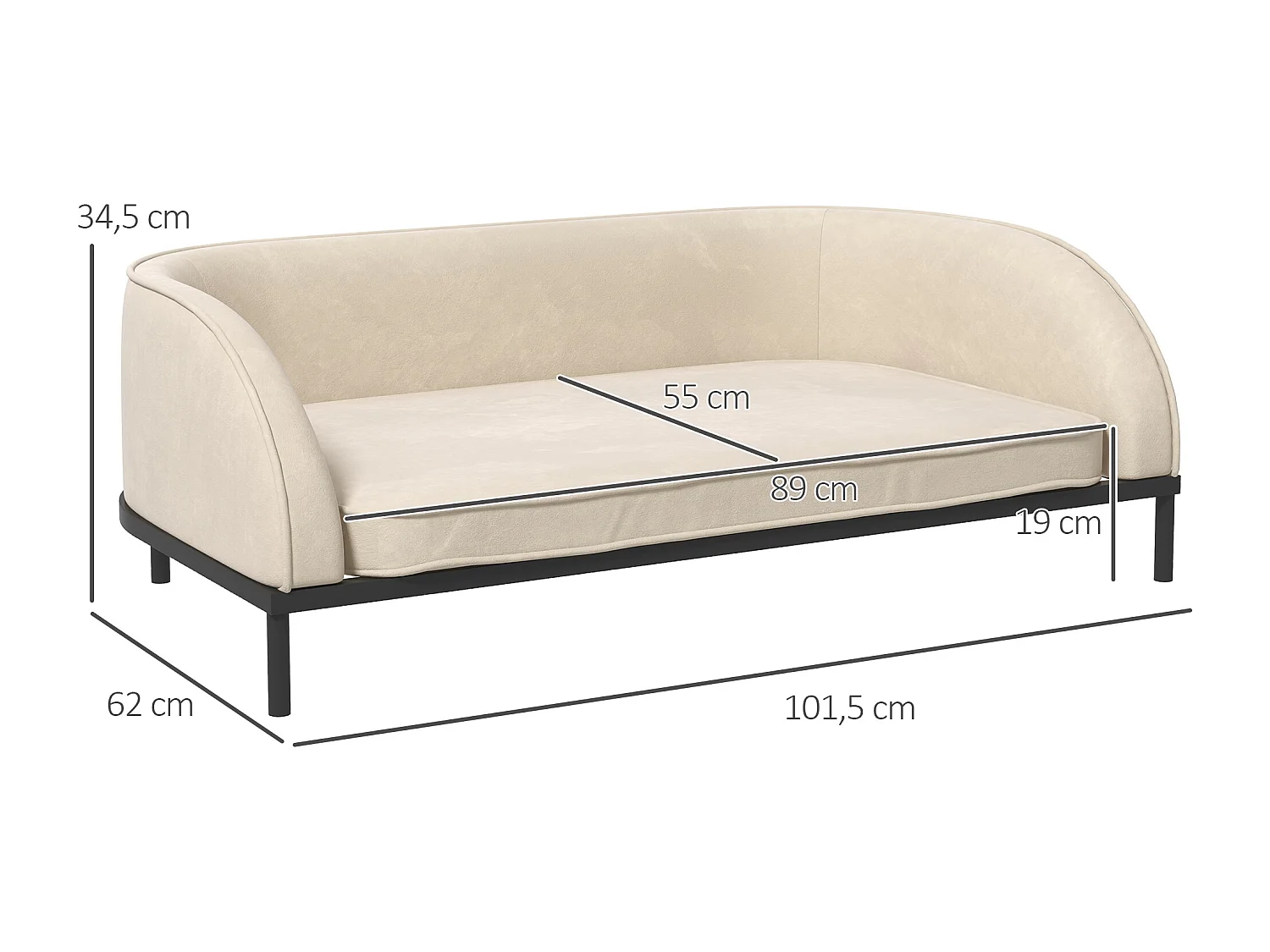 Canapé chien lit pour chien chat design contemporain dim. 101L x 62P x 34H cm coussin moelleux velours beige