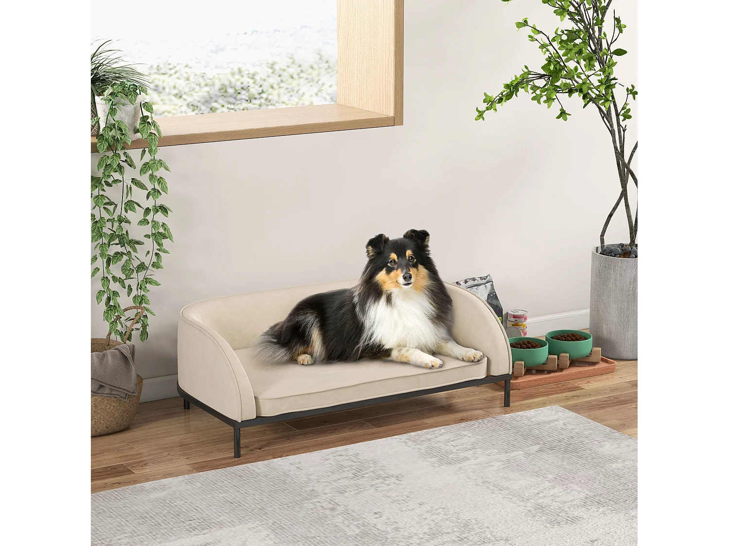 Canapé chien lit pour chien chat design contemporain dim. 101L x 62P x 34H cm coussin moelleux velours beige