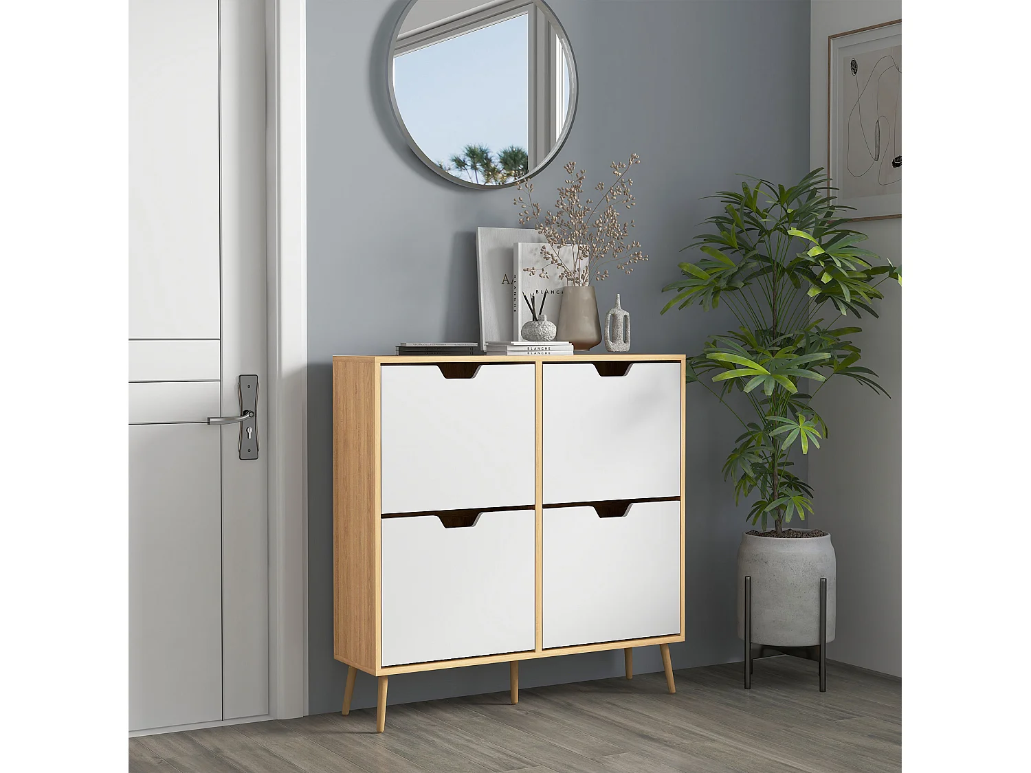 Meuble à chaussures design scandinave 4 portes abattantes 4 étagères réglables bois pin panneaux bois clair blanc