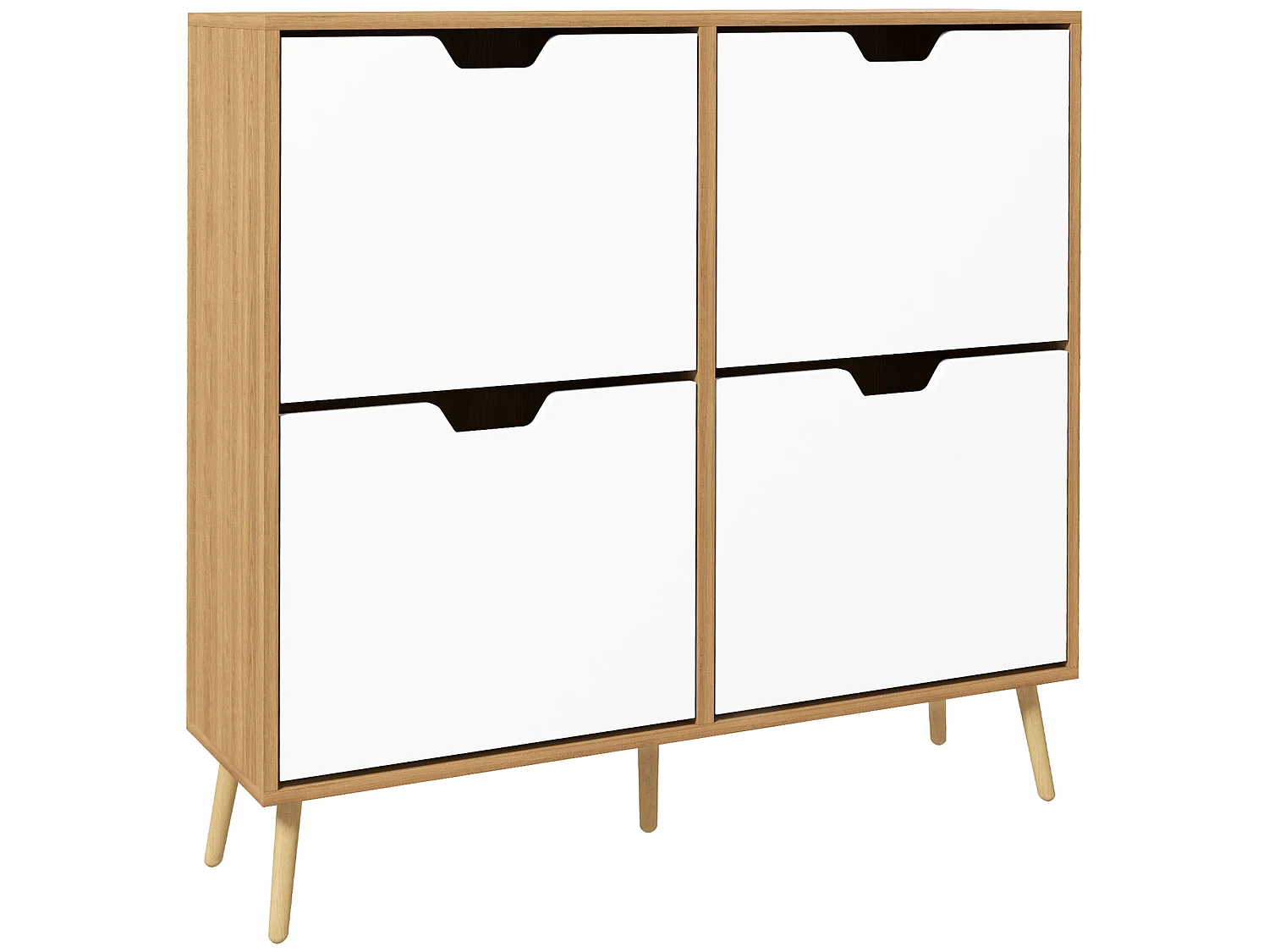 Meuble à chaussures design scandinave 4 portes abattantes 4 étagères réglables bois pin panneaux bois clair blanc