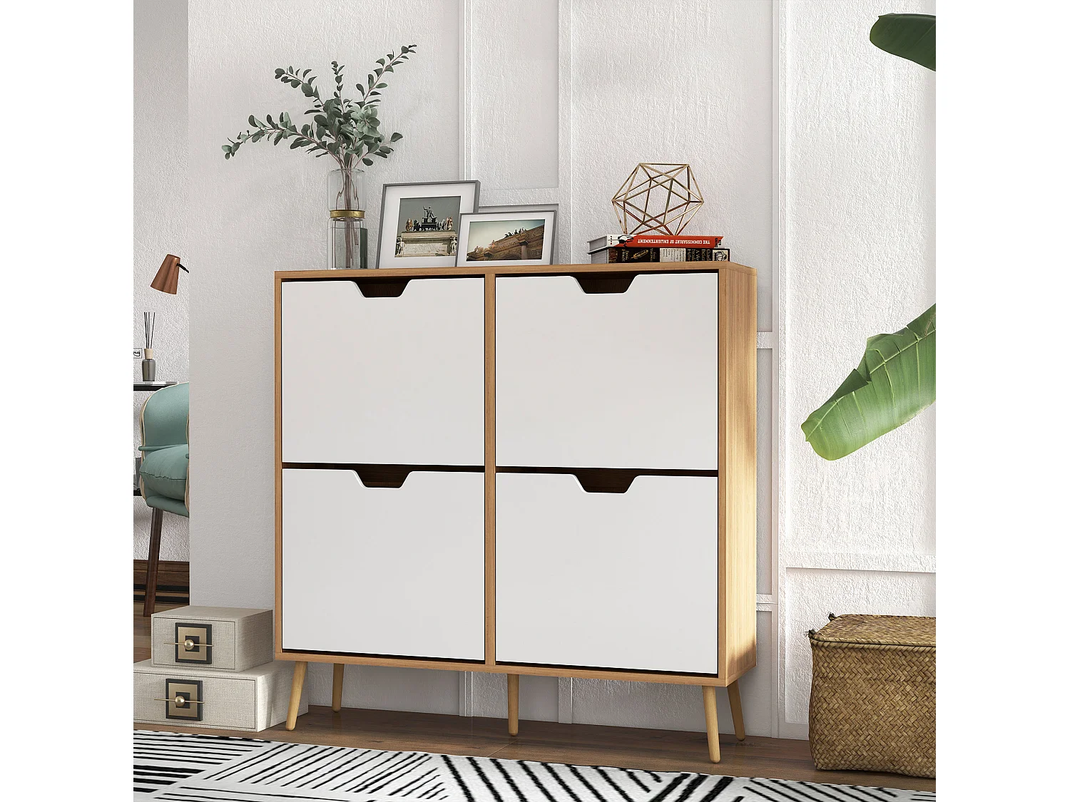 Meuble à chaussures design scandinave 4 portes abattantes 4 étagères réglables bois pin panneaux bois clair blanc