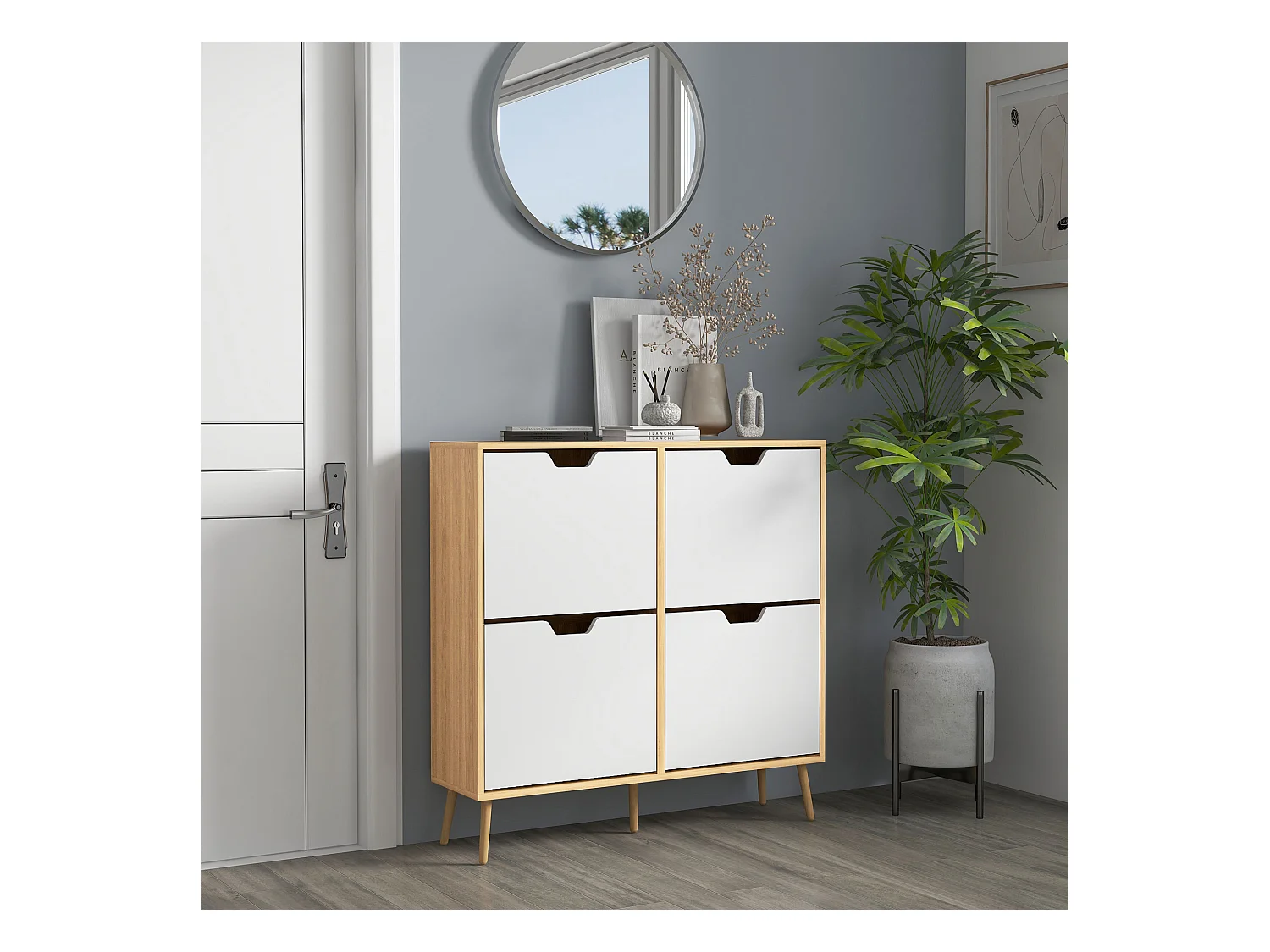 Meuble à chaussures design scandinave 4 portes abattantes 4 étagères réglables bois pin panneaux bois clair blanc