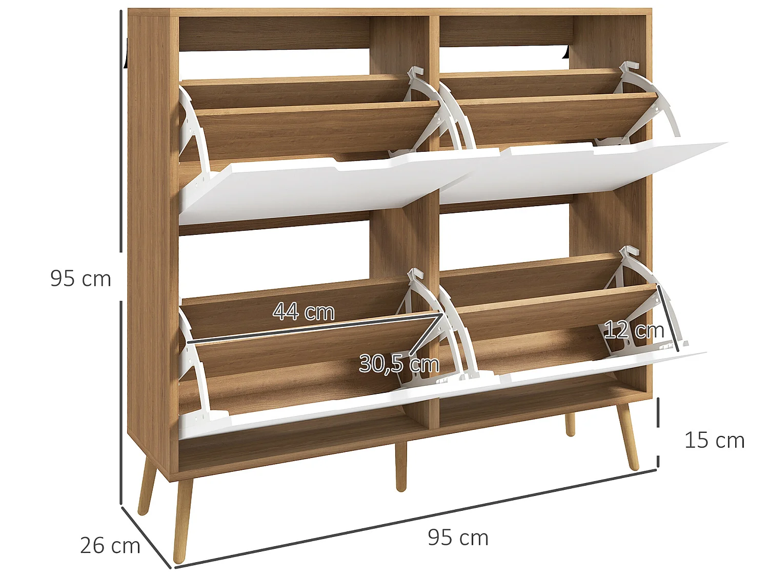 Meuble à chaussures design scandinave 4 portes abattantes 4 étagères réglables bois pin panneaux bois clair blanc