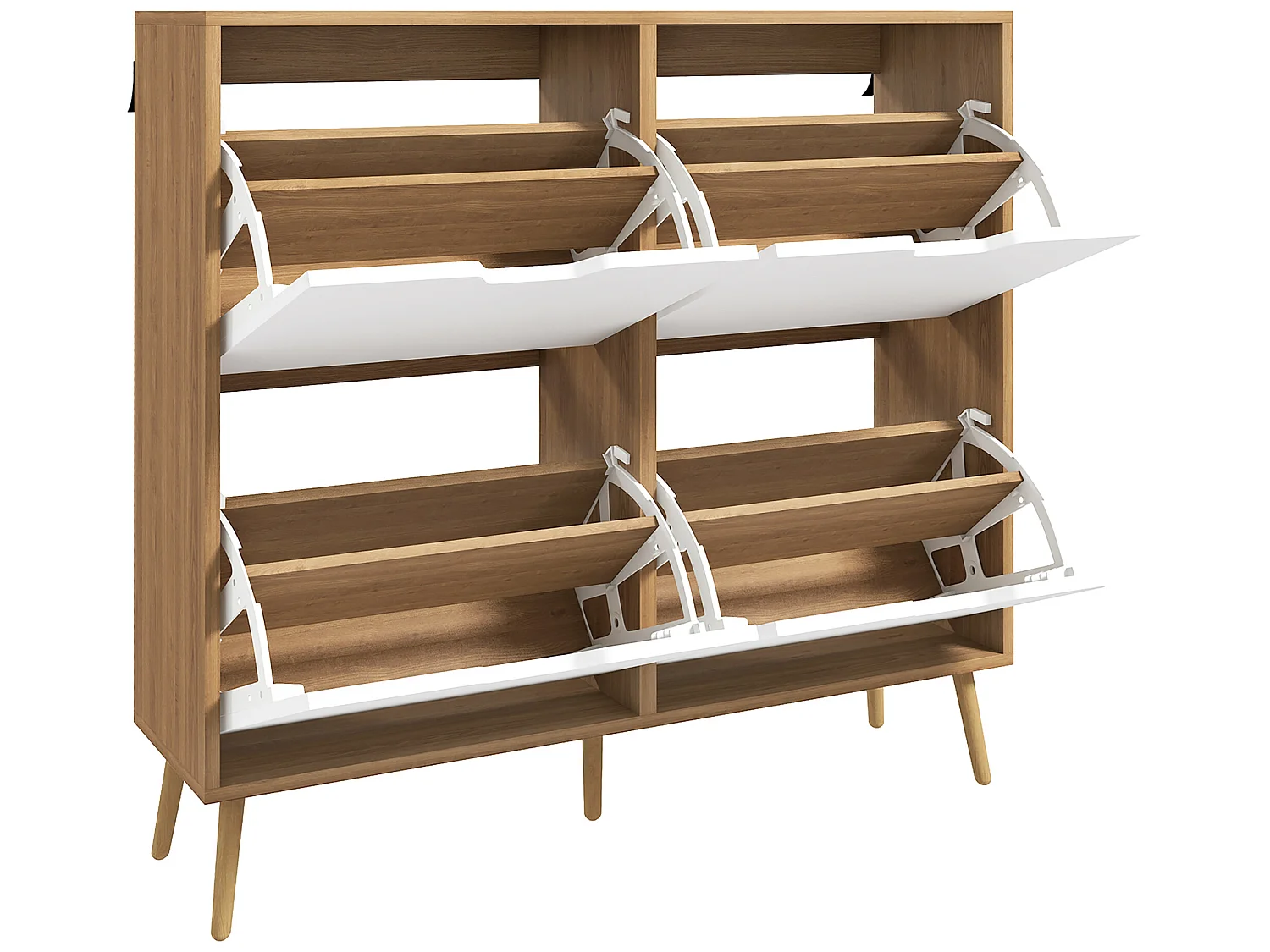 Meuble à chaussures design scandinave 4 portes abattantes 4 étagères réglables bois pin panneaux bois clair blanc