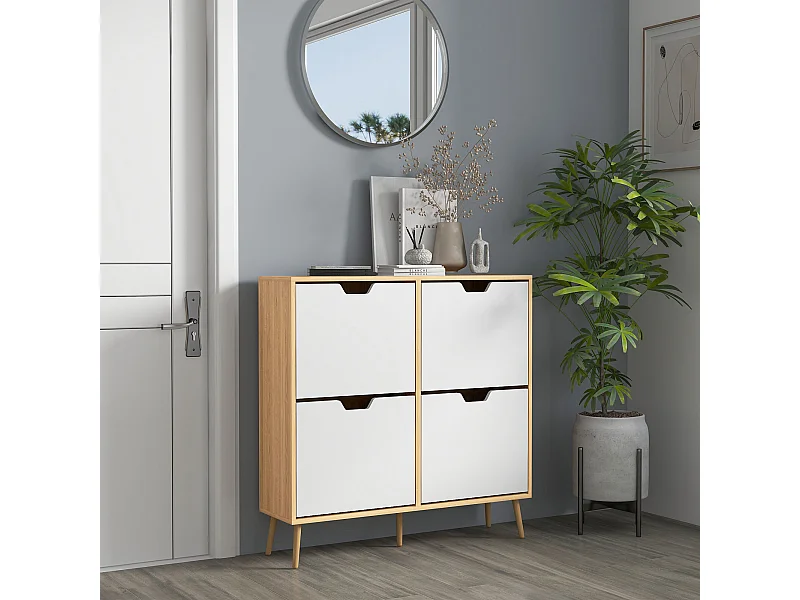 Meuble à chaussures design scandinave 4 portes abattantes 4 étagères réglables bois pin panneaux bois clair blanc