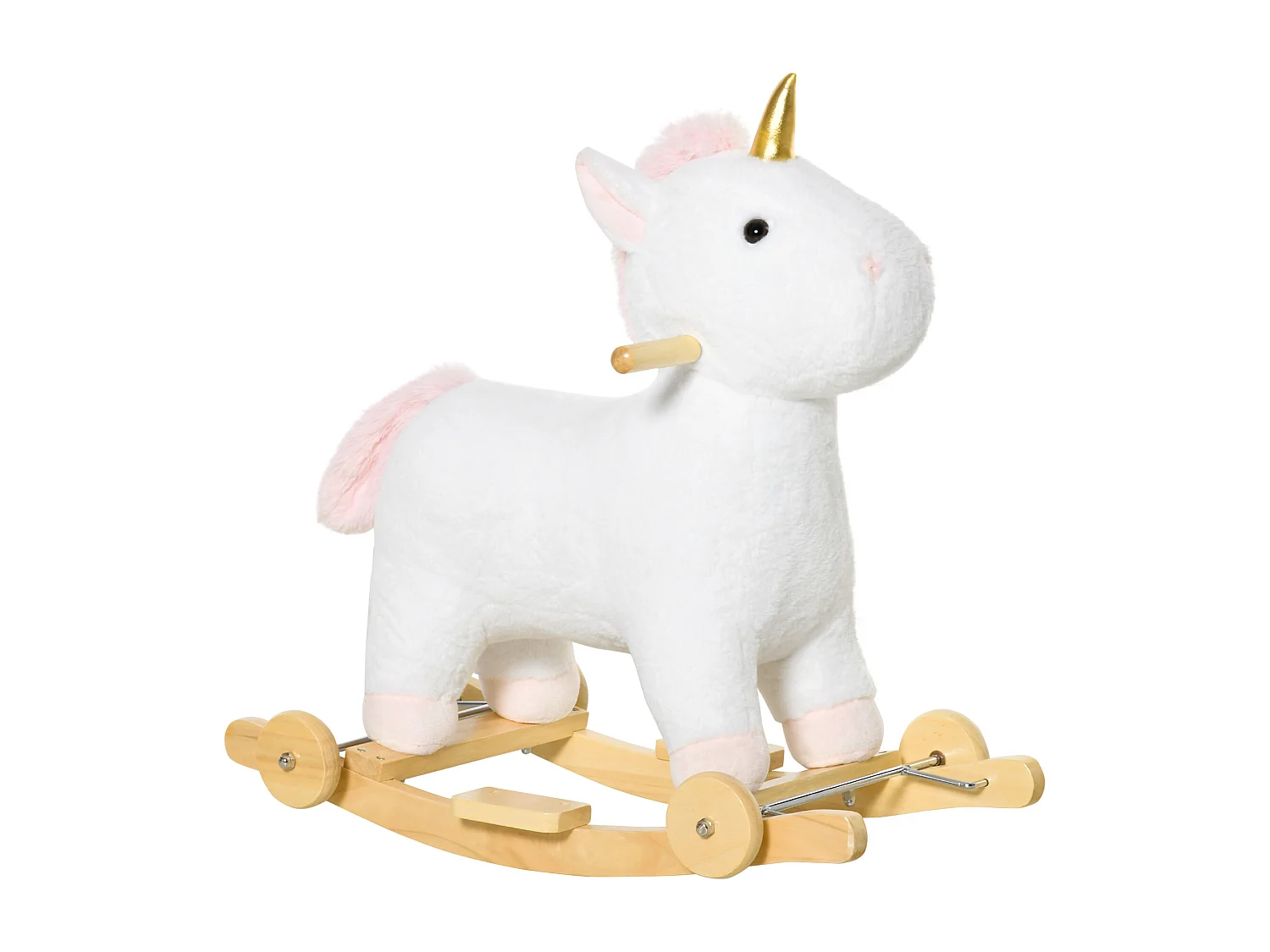 Cheval à bascule licorne porteur 2 en 1 - effet sonore - poignée structure bois de peuplier peluche douce blanche