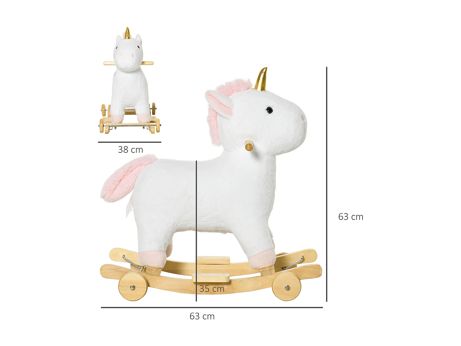 Cheval à bascule licorne porteur 2 en 1 - effet sonore - poignée structure bois de peuplier peluche douce blanche