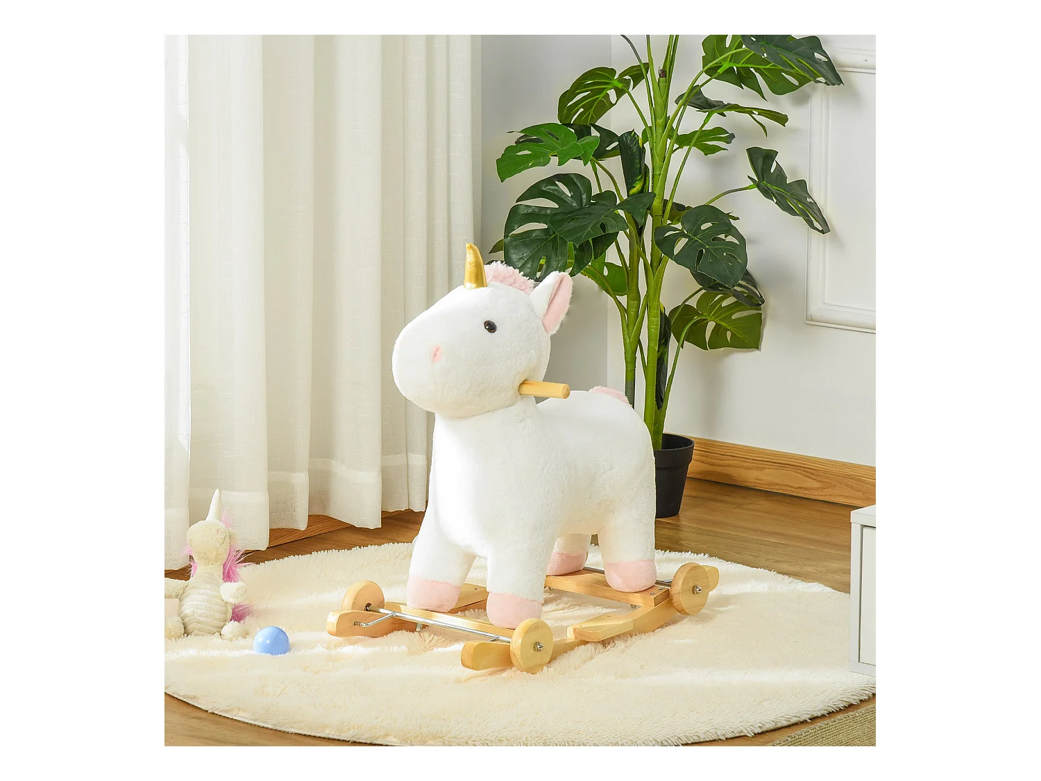 Cheval à bascule licorne porteur 2 en 1 - effet sonore - poignée structure bois de peuplier peluche douce blanche