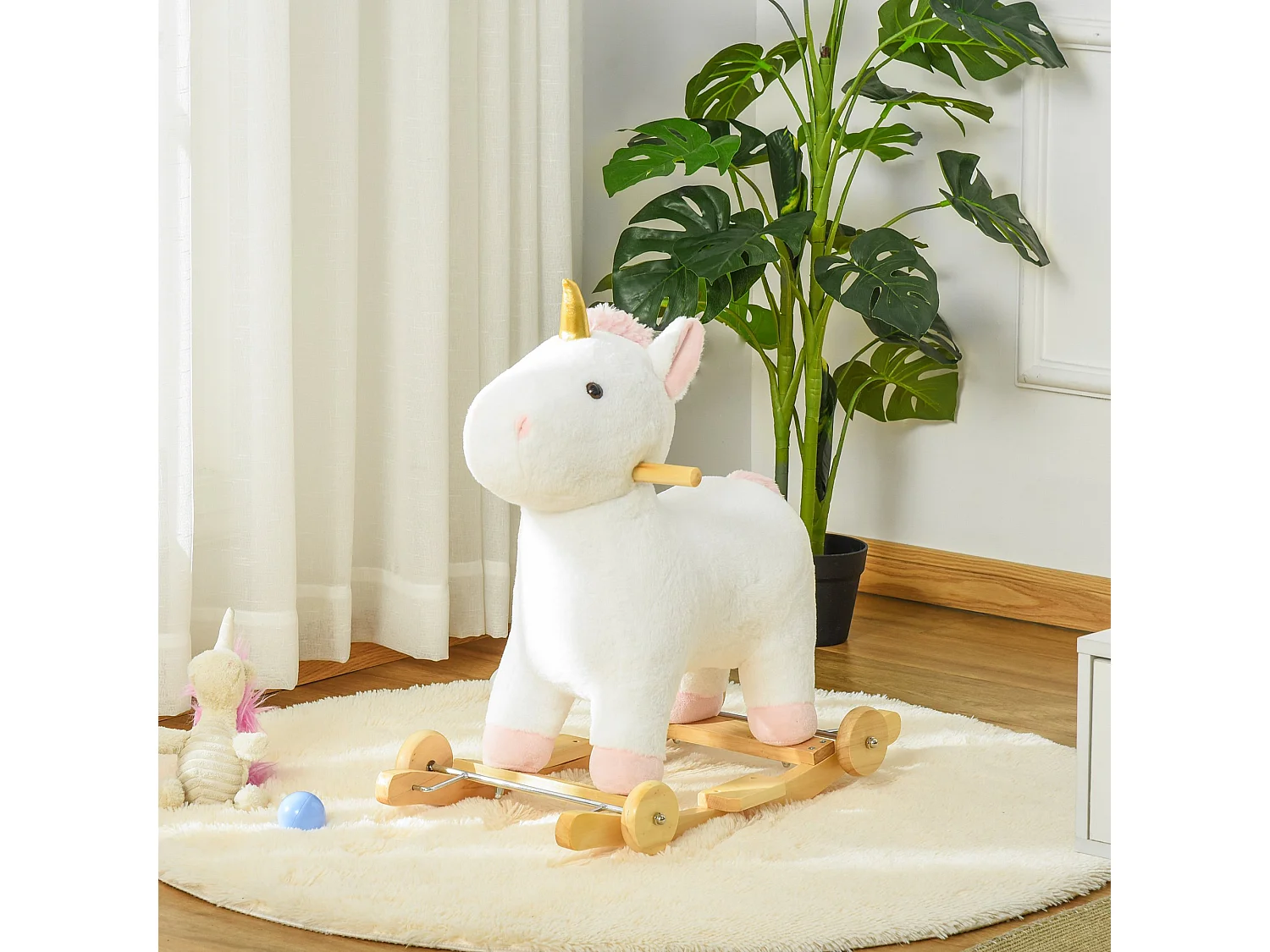 Cheval à bascule licorne porteur 2 en 1 - effet sonore - poignée structure bois de peuplier peluche douce blanche