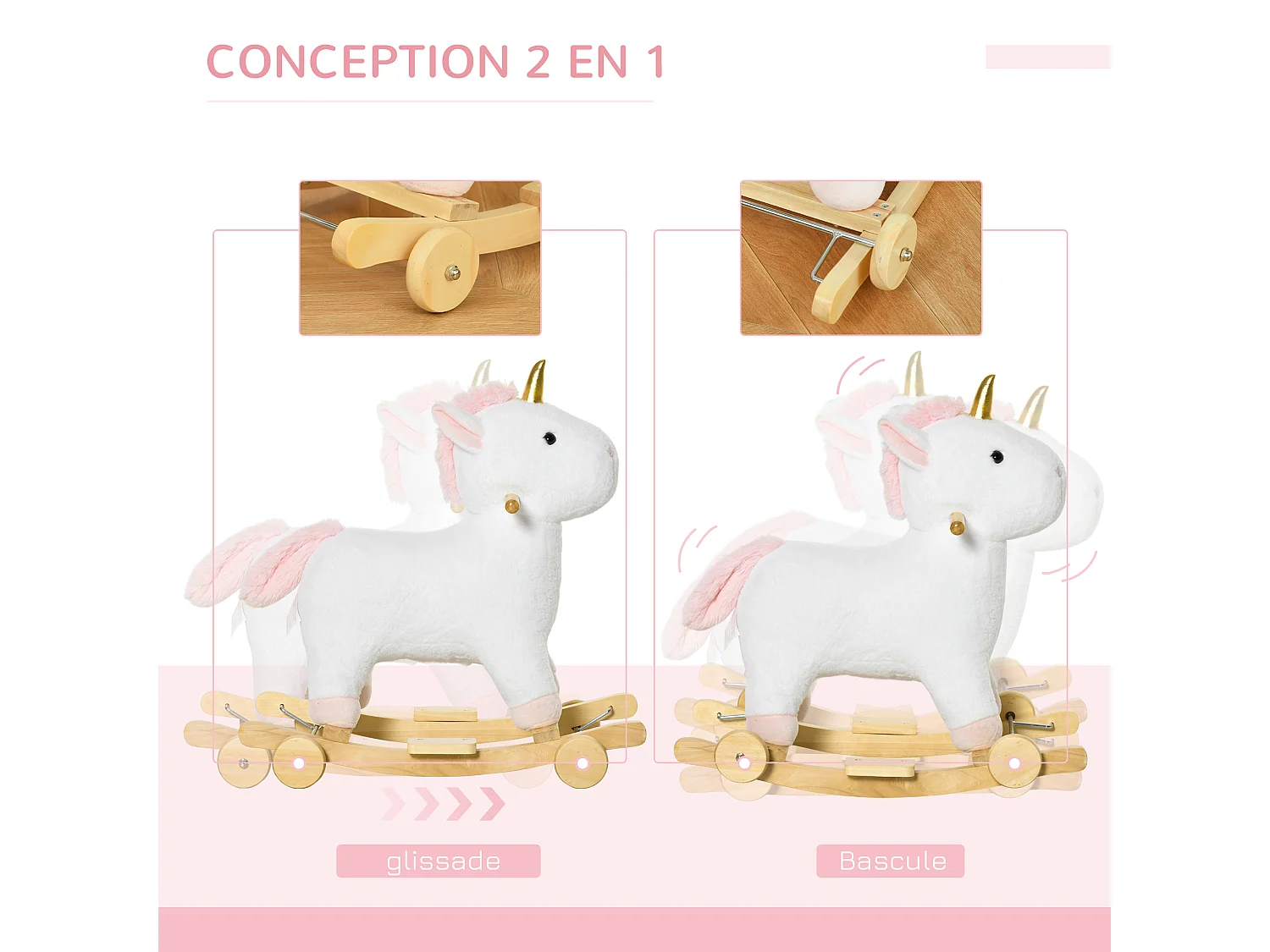 Cheval à bascule licorne porteur 2 en 1 - effet sonore - poignée structure bois de peuplier peluche douce blanche