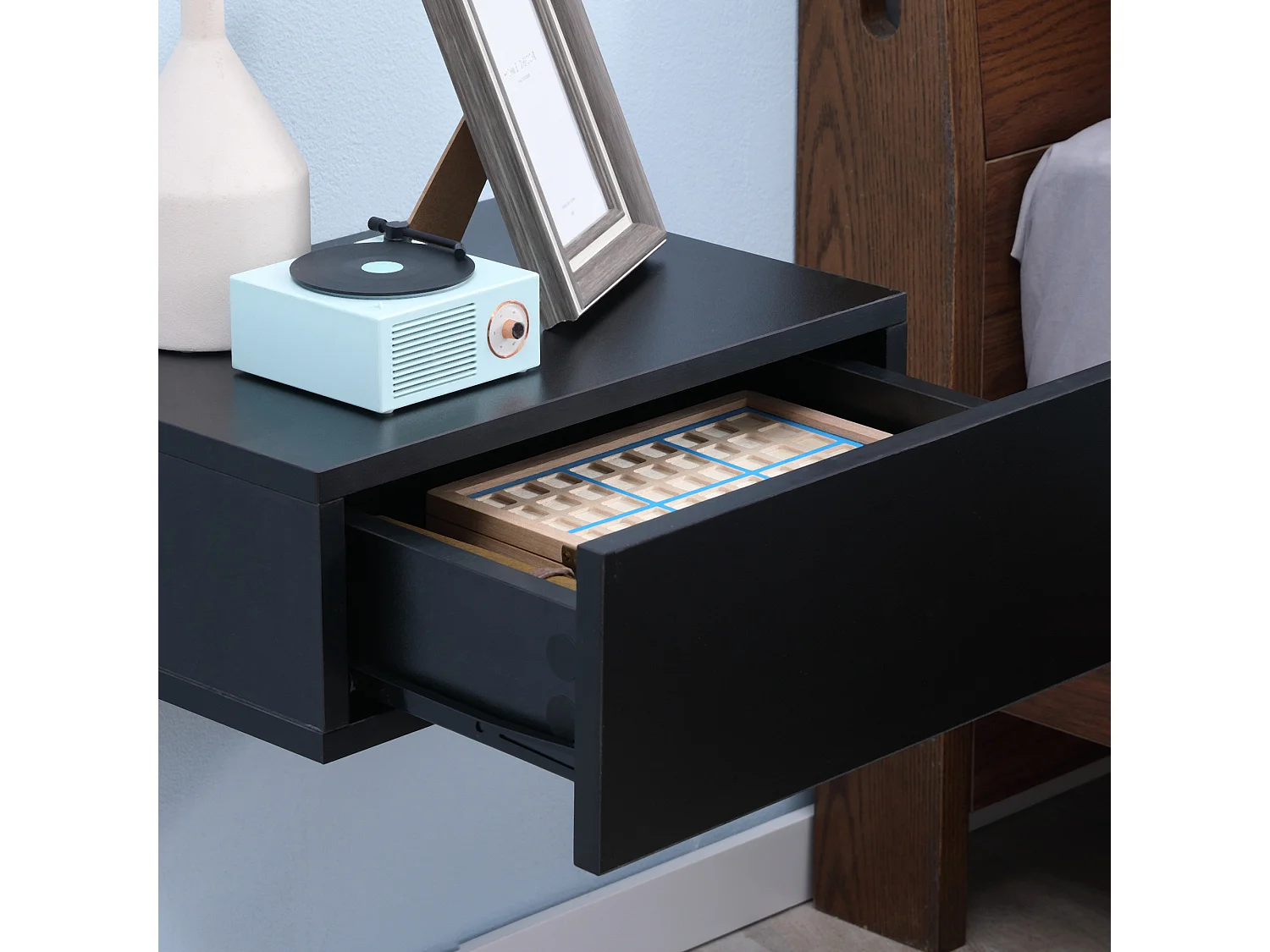 Lot de 2 tables de chevet murales - lot de 2 tables de nuit - tiroir coulissant, plateau - panneaux particules noir