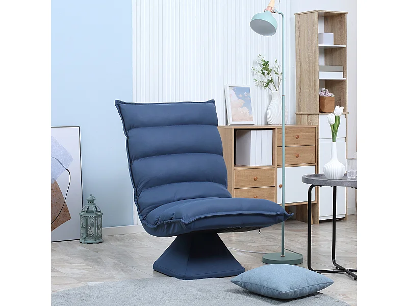 Fauteuil relax grand confort pivotant inclinaison réglable 5 niv. épais garnissage mousse haute densité tissu velours microfibre bleu
