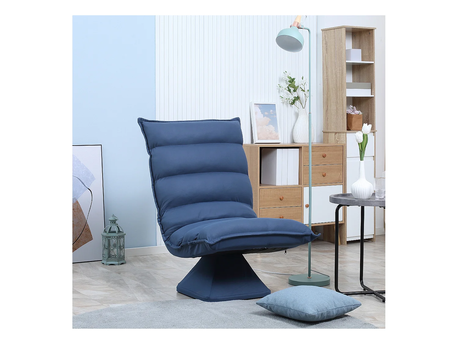Fauteuil relax grand confort pivotant inclinaison réglable 5 niv. épais garnissage mousse haute densité tissu velours microfibre bleu