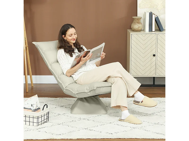 Fauteuil relax grand confort pivotant inclinaison réglable 5 niv. épais garnissage mousse haute densité tissu velours microfibre beige