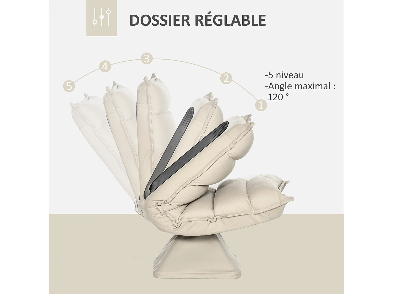 Fauteuil relax grand confort pivotant inclinaison réglable 5 niv. épais garnissage mousse haute densité tissu velours microfibre beige