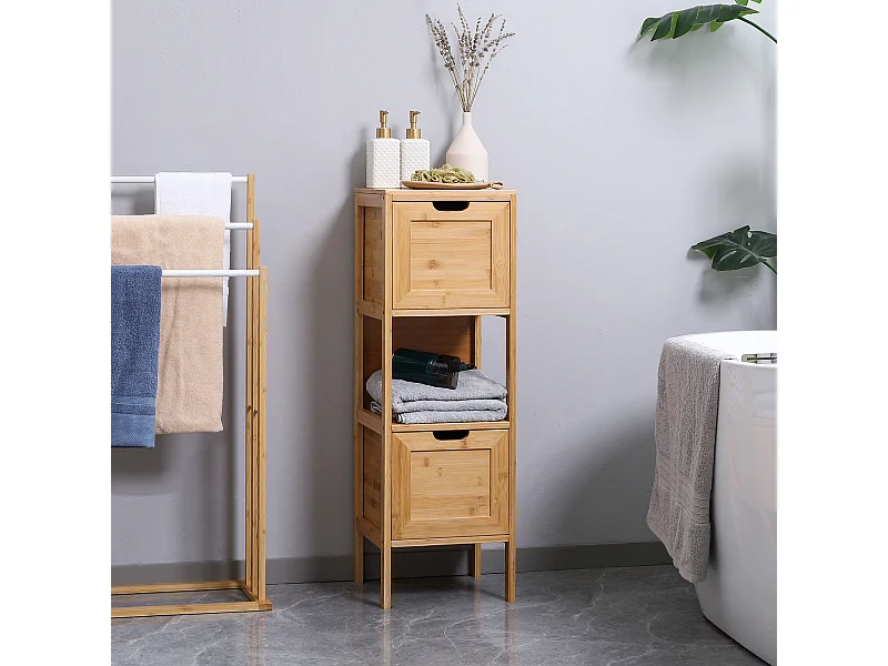 Meuble colonne rangement salle de bain bambou design cosy naturel 2 tiroirs niche H. 90 cm