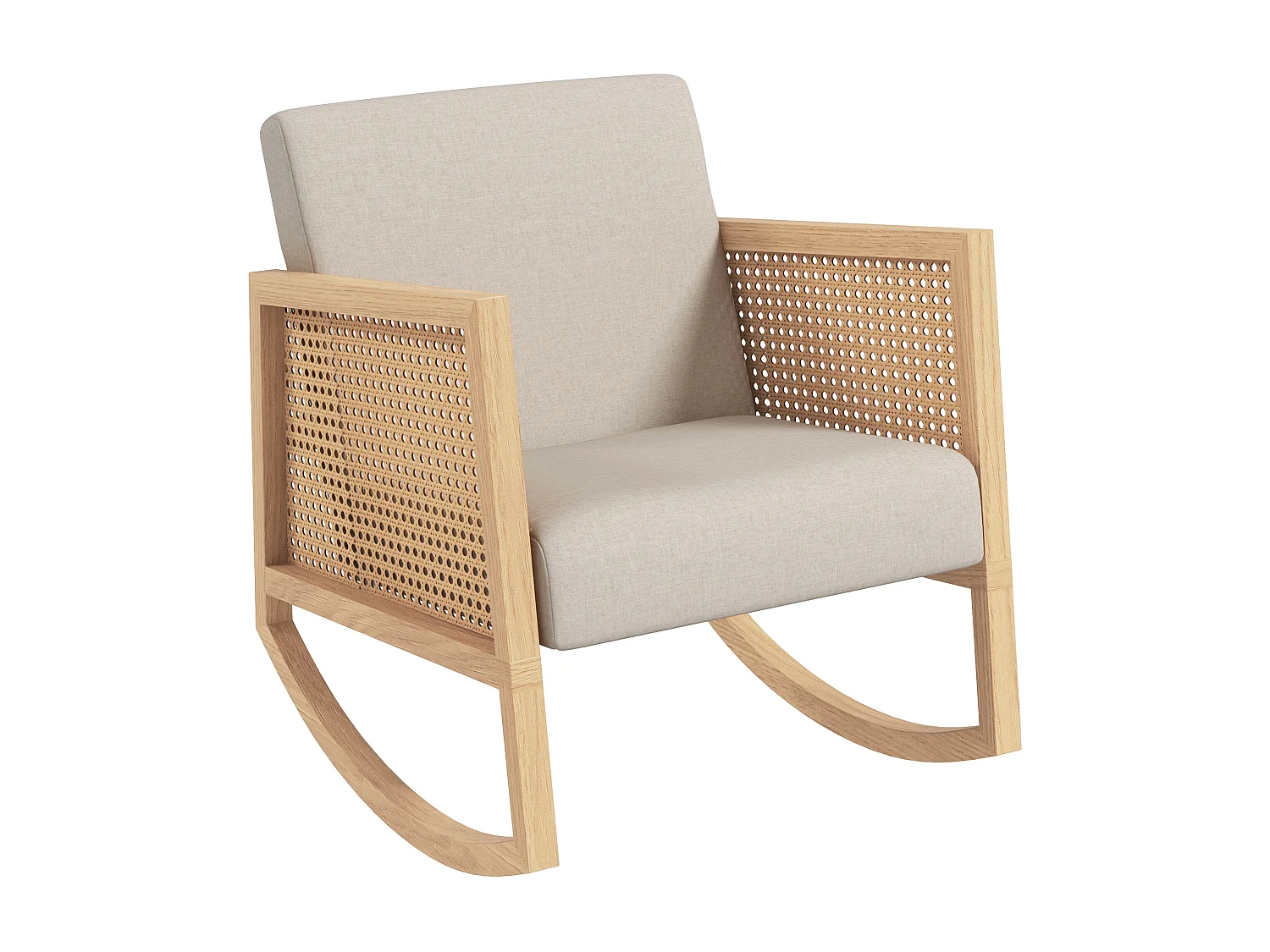 Fauteuil lounge à bascule style bohème chic - accoudoirs structure bois hévéa rotin - tissu toucher lin gris clair