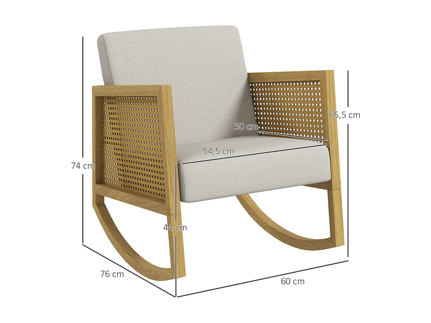 Fauteuil lounge à bascule style bohème chic - accoudoirs structure bois hévéa rotin - tissu toucher lin gris clair