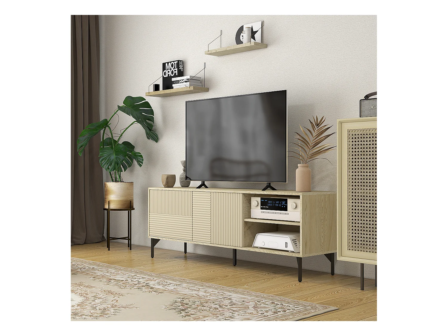Meuble TV banc TV design Urban Craft - 2 portes, 2 étagères, 2 niches - piètement acier noir - aspect chêne clair