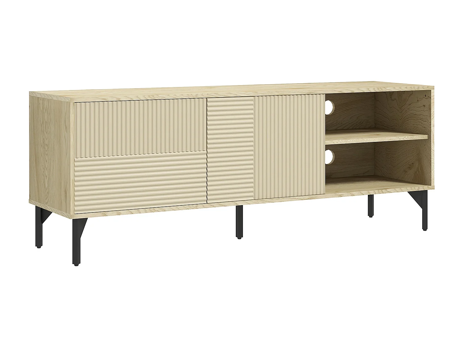 Meuble TV banc TV design Urban Craft - 2 portes, 2 étagères, 2 niches - piètement acier noir - aspect chêne clair