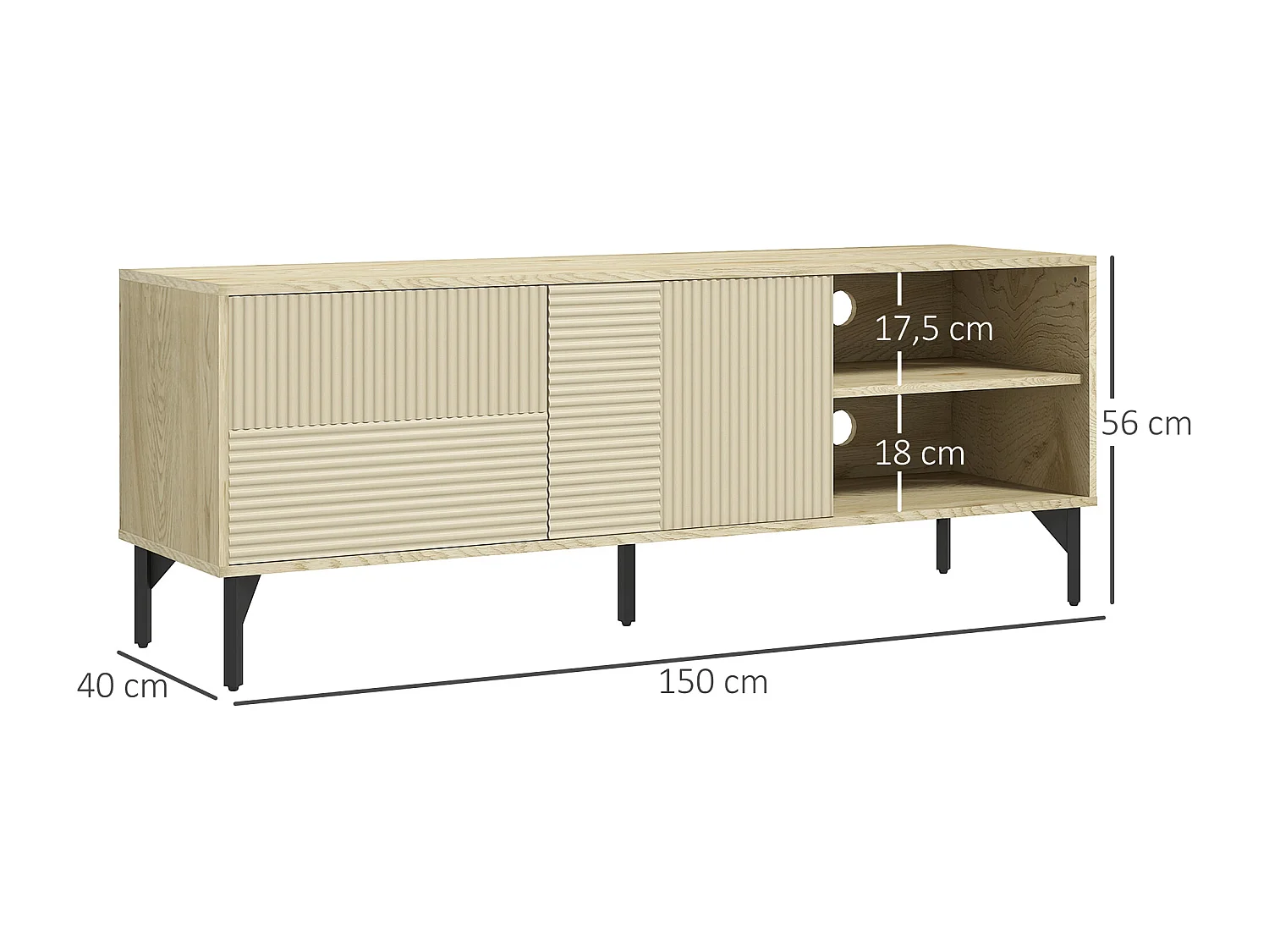 Meuble TV banc TV design Urban Craft - 2 portes, 2 étagères, 2 niches - piètement acier noir - aspect chêne clair
