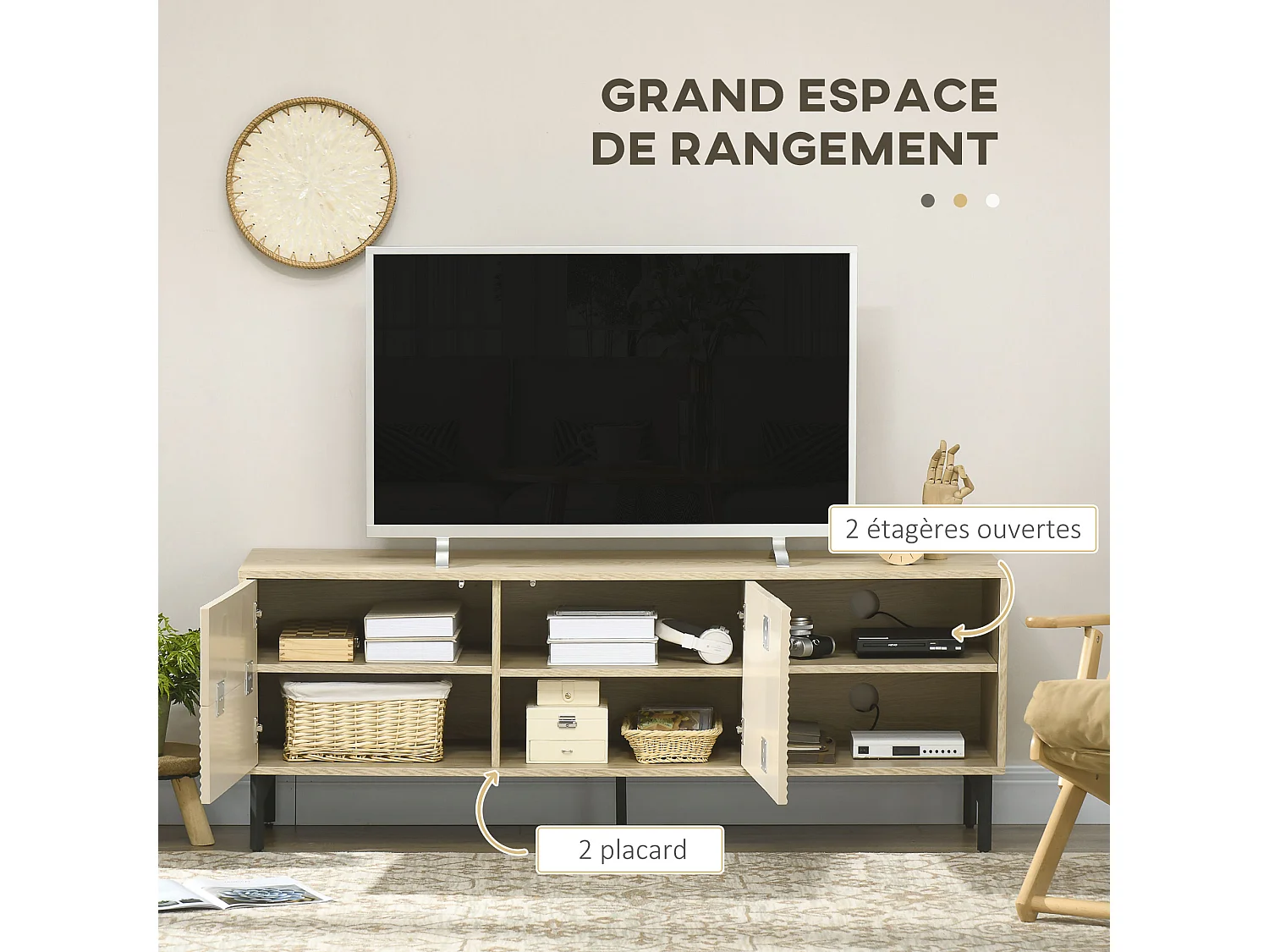 Meuble TV banc TV design Urban Craft - 2 portes, 2 étagères, 2 niches - piètement acier noir - aspect chêne clair