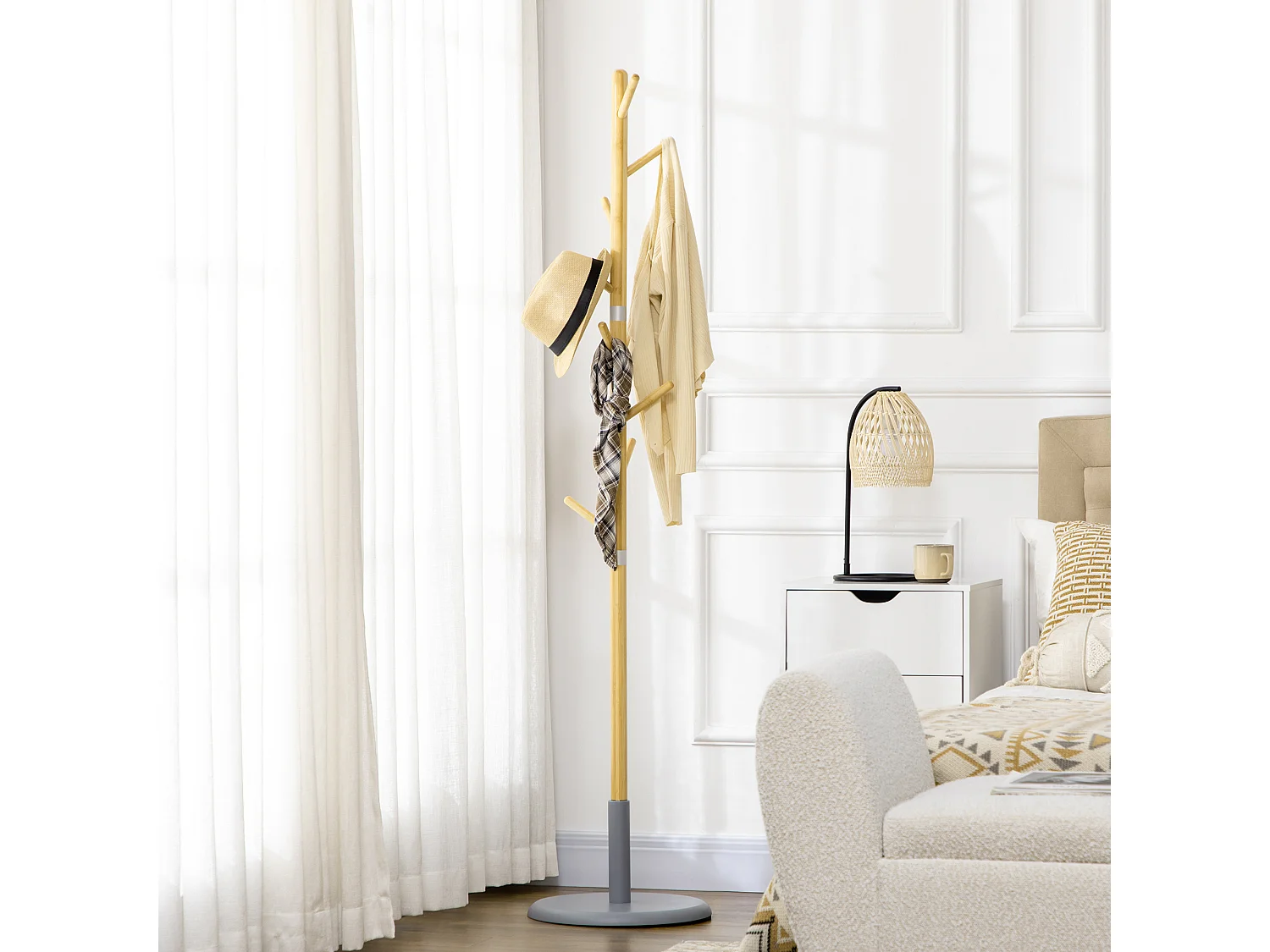 Porte-manteau design scandinave branches 8 patères Ø 37,8 x 175,6H cm piètement métal gris bois bambou verni