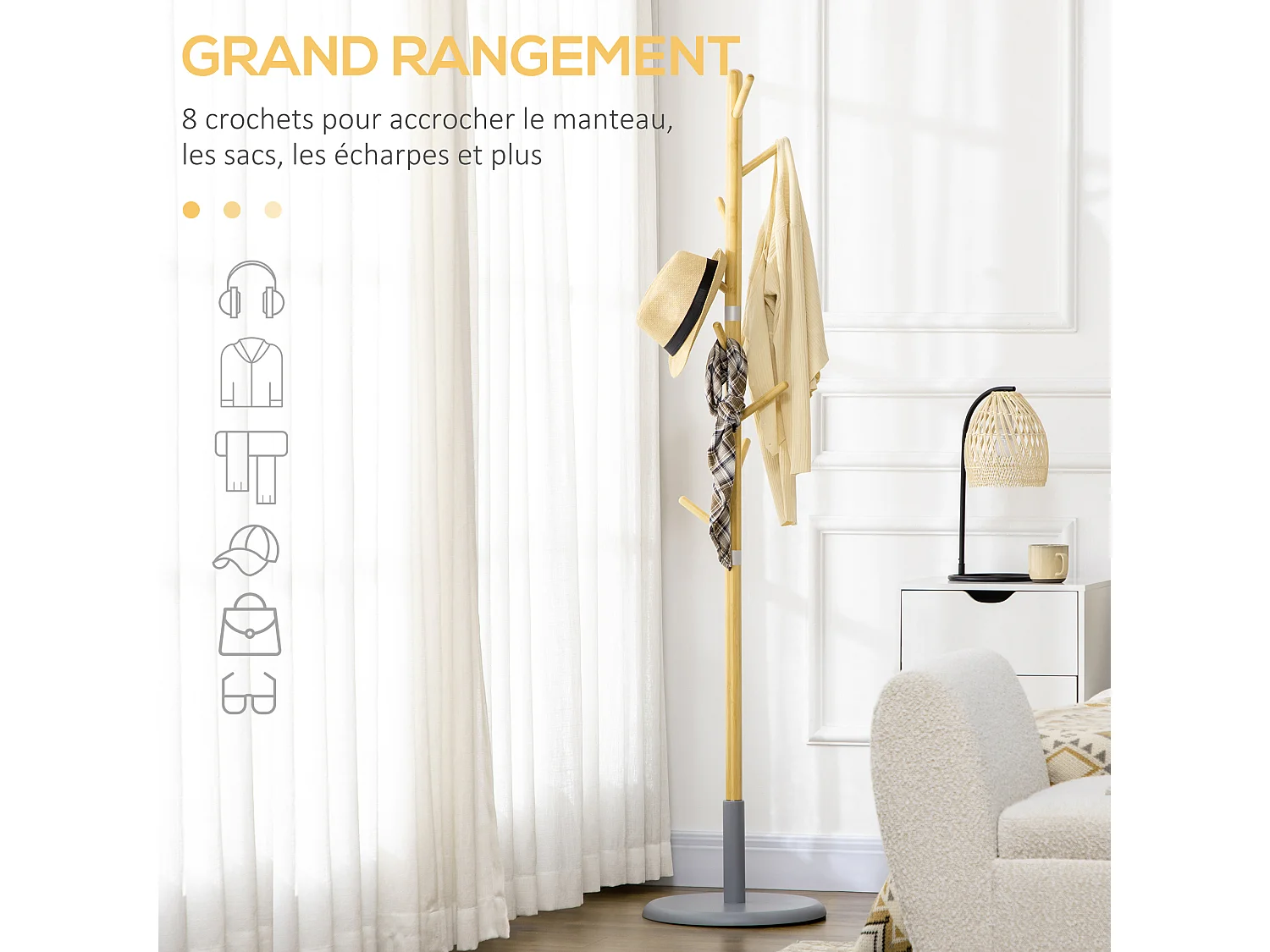 Porte-manteau design scandinave branches 8 patères Ø 37,8 x 175,6H cm piètement métal gris bois bambou verni